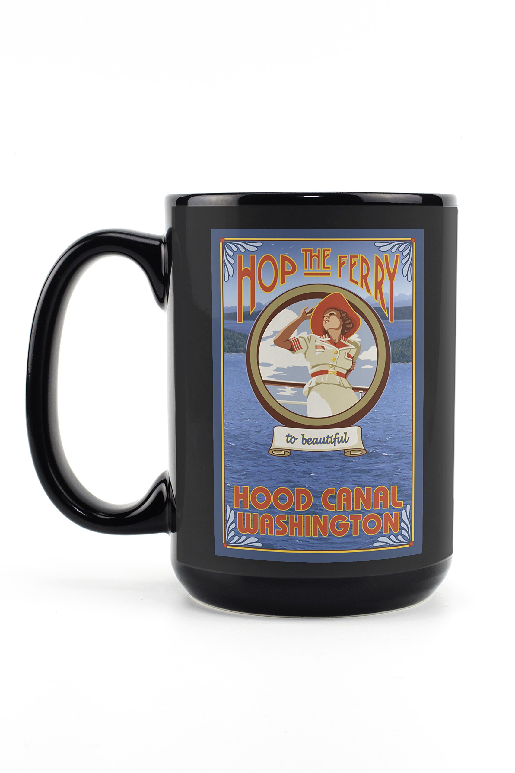 Lantern Press Hood Canal Washington Woman Riding Ferry 15oz Black Ceramic Coffee Mug - Microwave & Dishwasher Safe - Perfect for Home, Office & Travel