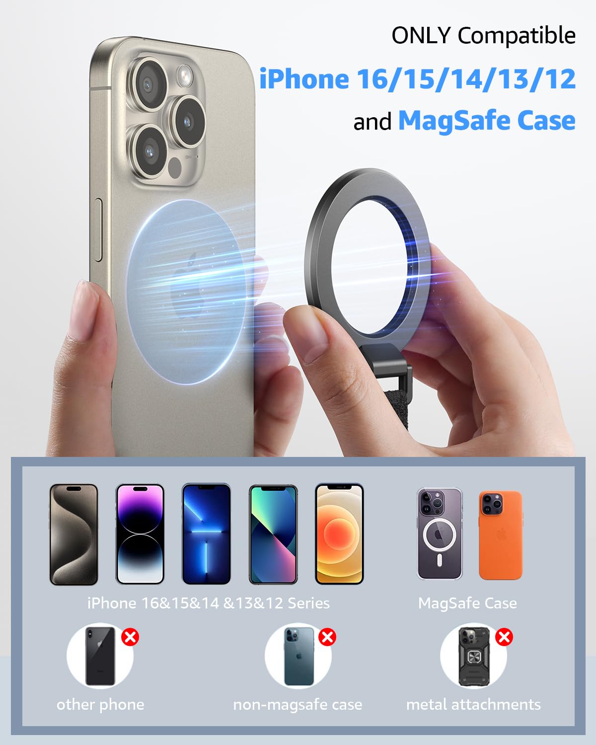 SUPERONE 2025 Upgraded MagSafe Phone Grip with Finger Strap & Kickstand - Removable Magnetic Ring Holder for iPhone 16/15/14/13/12 Series (Black) - Perfect for One-Hand Use, Video Calls, and Secure Phone Handling