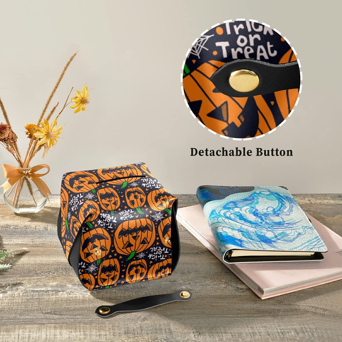 Halloween PU Leather Tissue Box Holder - Rectangle Facial Tissue Dispenser with Hanging Loop for Countertop & Nightstand | Spooky Home Decor for Halloween Party & Fall Season