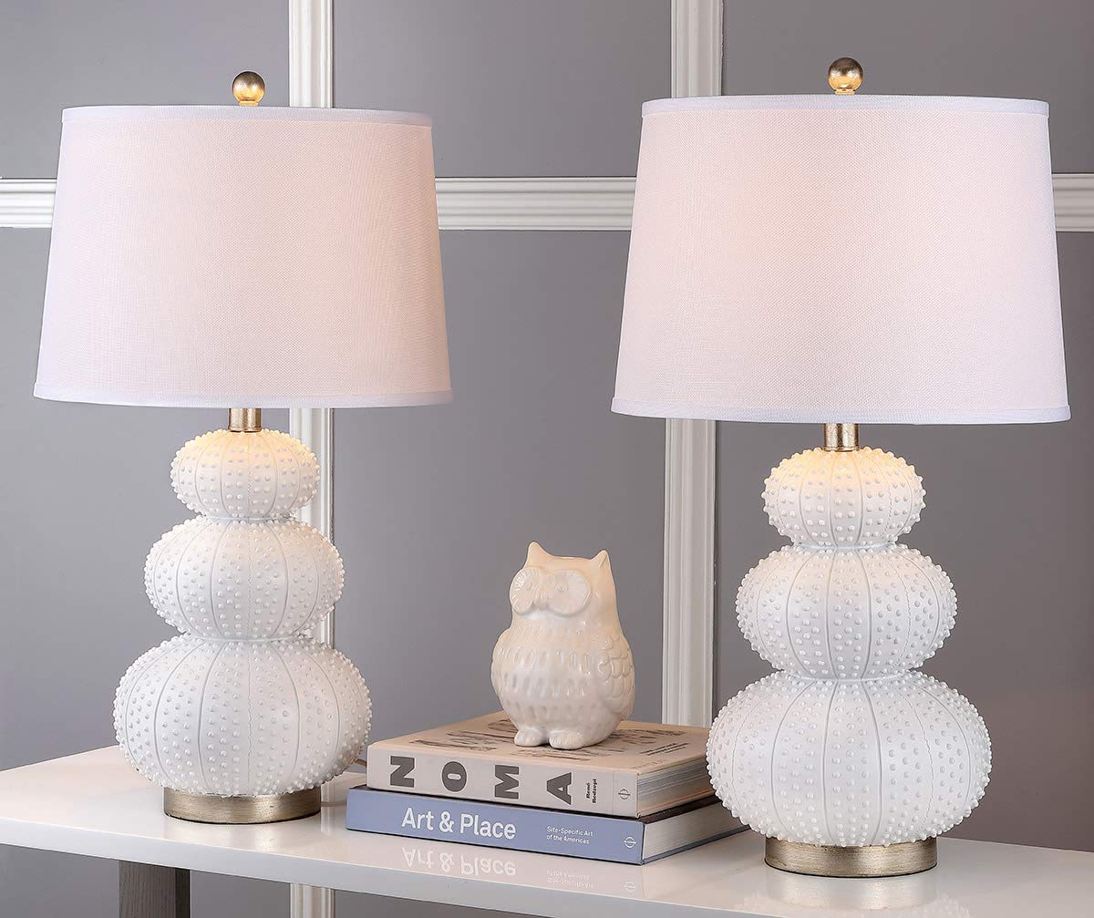 SAFAVIEH Rita Modern Contemporary White Triple Gourd Studded 29-inch Table Lamp Set of 2 with LED Bulbs - Perfect for Bedroom, Living Room, Home Office & Nightstand Lighting Decor