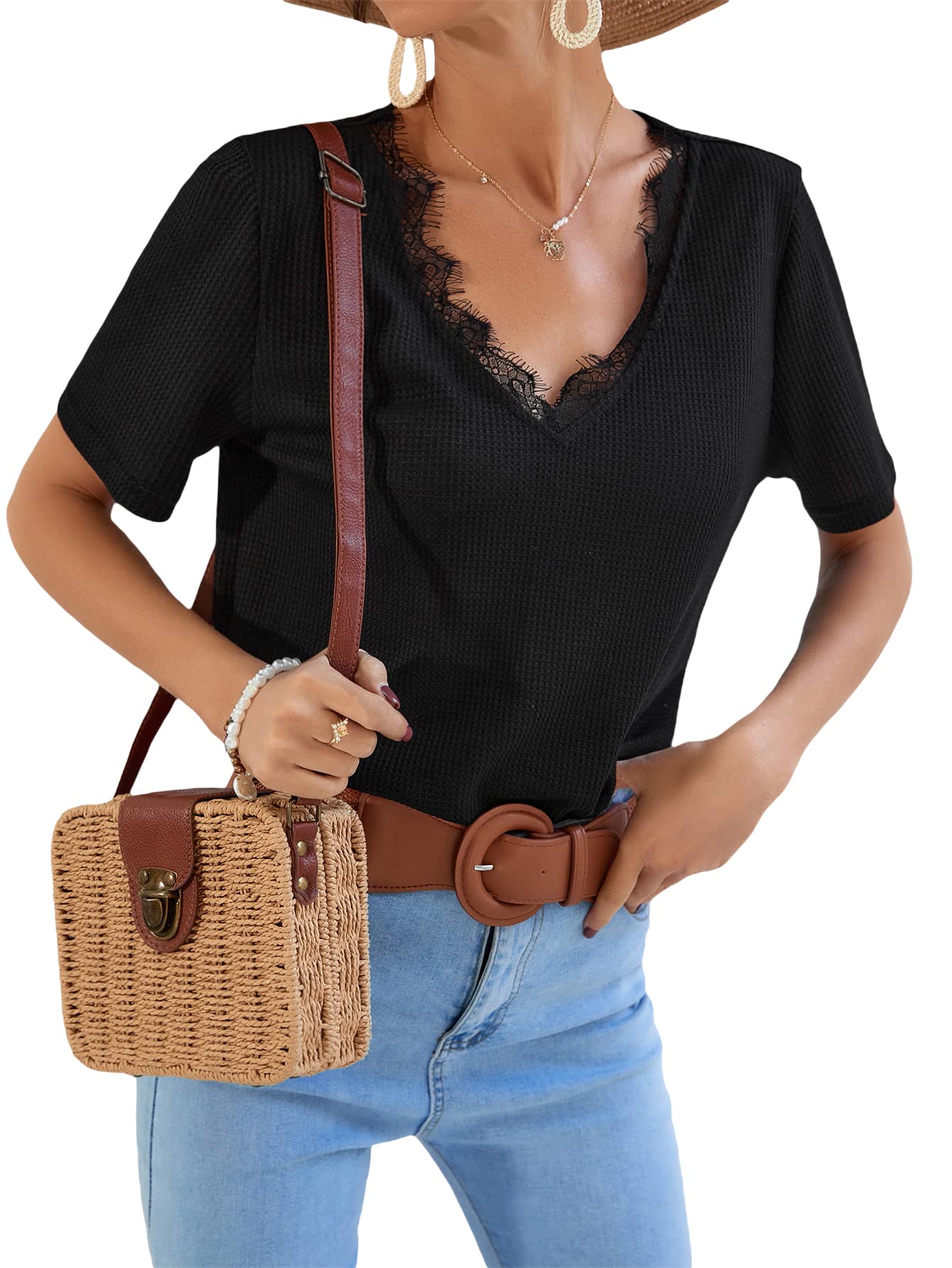 MakeMeChic Women's Lace Trim Waffle Knit Short Sleeve V-Neck T-Shirt - Casual Summer Top for Outfits, Date Night & Layering