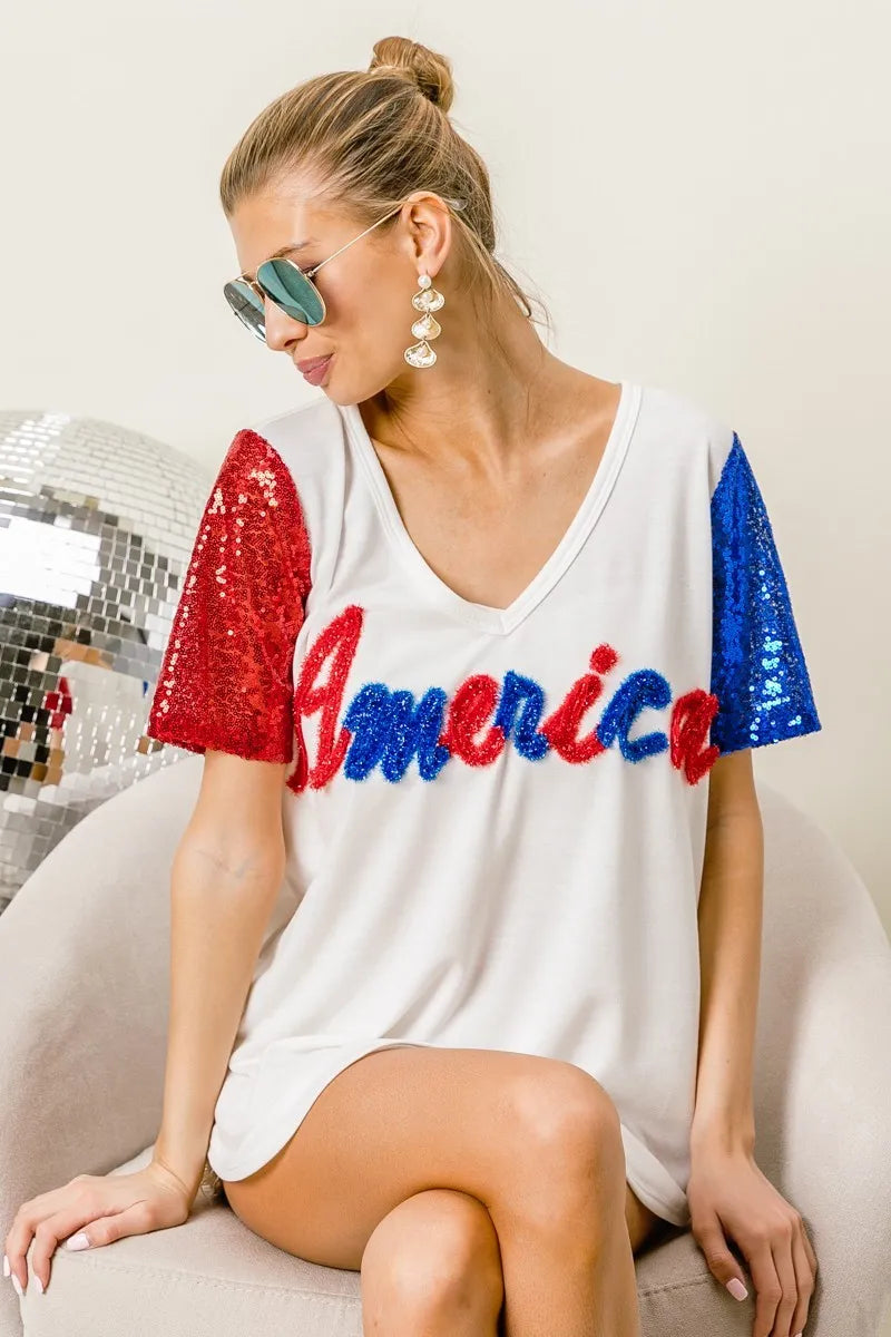 BiBi Metallic Letter V-Neck Sequin Sleeves Top for Women | Party Wear, Club Outfit, Evening Dress, Special Occasion Fashion