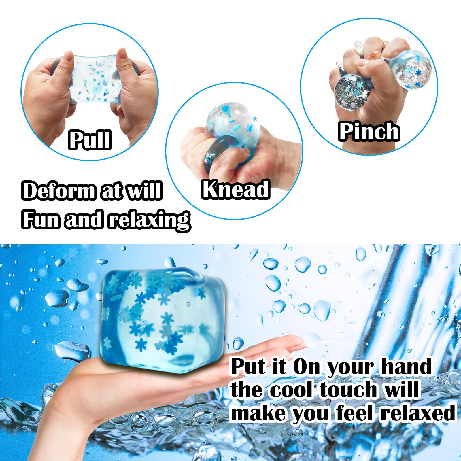 3 Pack Blue Ice Cube Stress Balls with Snowflakes Inside - Squishy Fidget Sensory Toys for Anxiety Relief, ADHD & Stress Management - Fun Squeeze Toys for Kids & Adults - Perfect for Office, Classroom & Home Use