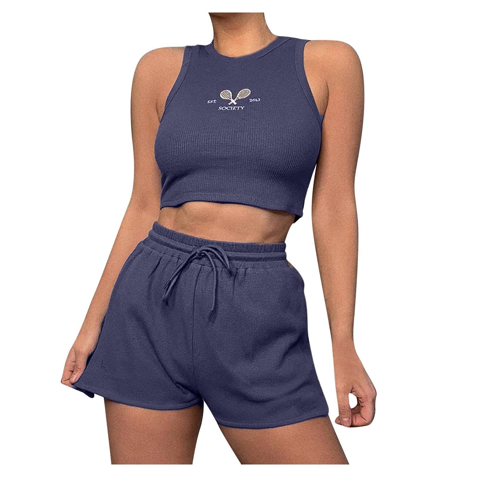 Women's Embroidered Sleeveless Crop Top & Shorts 2-Piece Set - Solid Color Summer Outfit for Casual Wear, Beach Vacation, and Yoga