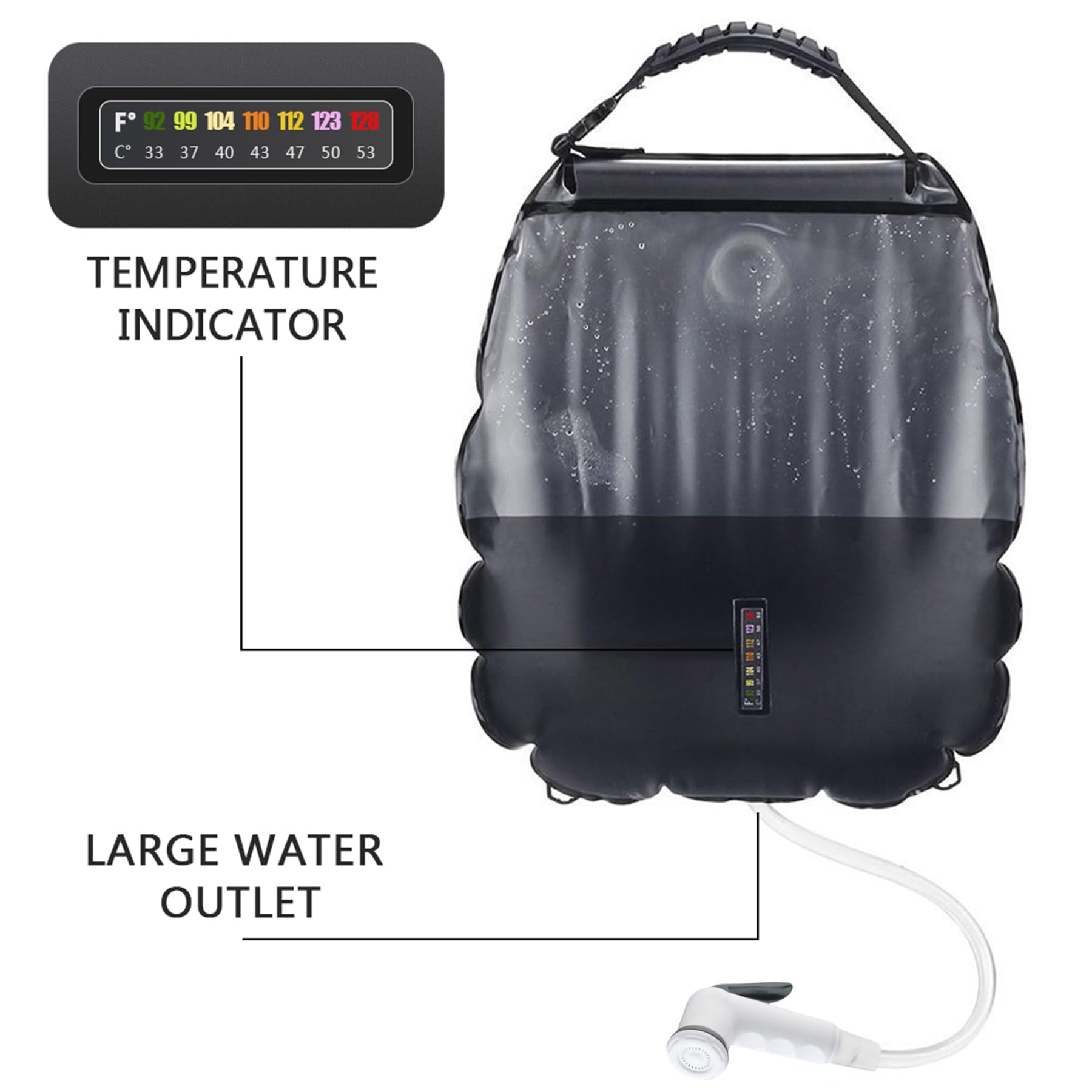 20L Solar Shower Bag - Portable Outdoor Camping Shower with Temperature Display & Adjustable Showerhead - Solar Powered Hot Water Heater for Camping, Hiking, Beach, RV Trips & Emergency Use