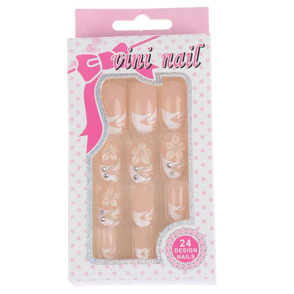 24pcs HUJL False Nails - Long Fashion Fake Nails for Women with 3D White Flower Carving | Natural Nail Art Design | Perfect for Parties, Weddings & Special Occasions