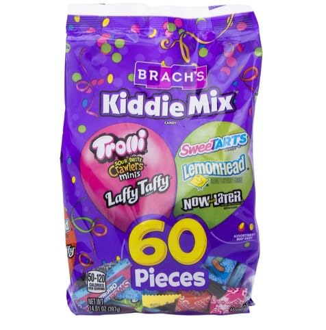 Brach Kiddie Mix 60 Count (14.01oz) - Bulk Candy Variety Pack with LemonHead, Laffy Taffy & SweeTart - Chewy & Hard Candy Assortment - Individually Wrapped for Halloween, Christmas Party Favors & Easter Treats - Perfect for Birthday Goodie Bags & Classroom Rewards