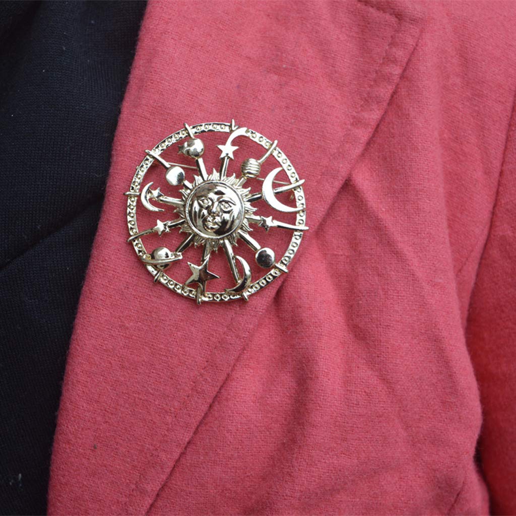 Golden Star Moon Sun Galaxy Brooch - Unisex Pewter Lapel Pins for Cardigan, Blouse & Shawl - Cosmic Couple Jewelry for Everyday Wear & Special Occasions