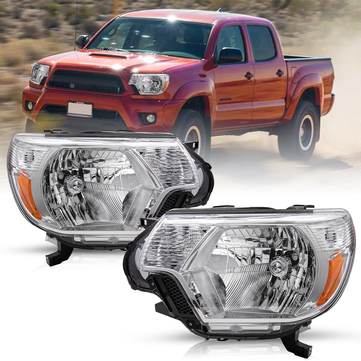 Toyota Tacoma Headlight Assembly (2012-2015) - Chrome Housing with Amber Reflector - Replacement Headlamp for 12 13 14 15 Tacoma Models | Perfect for Night Driving & Off-Road Adventures