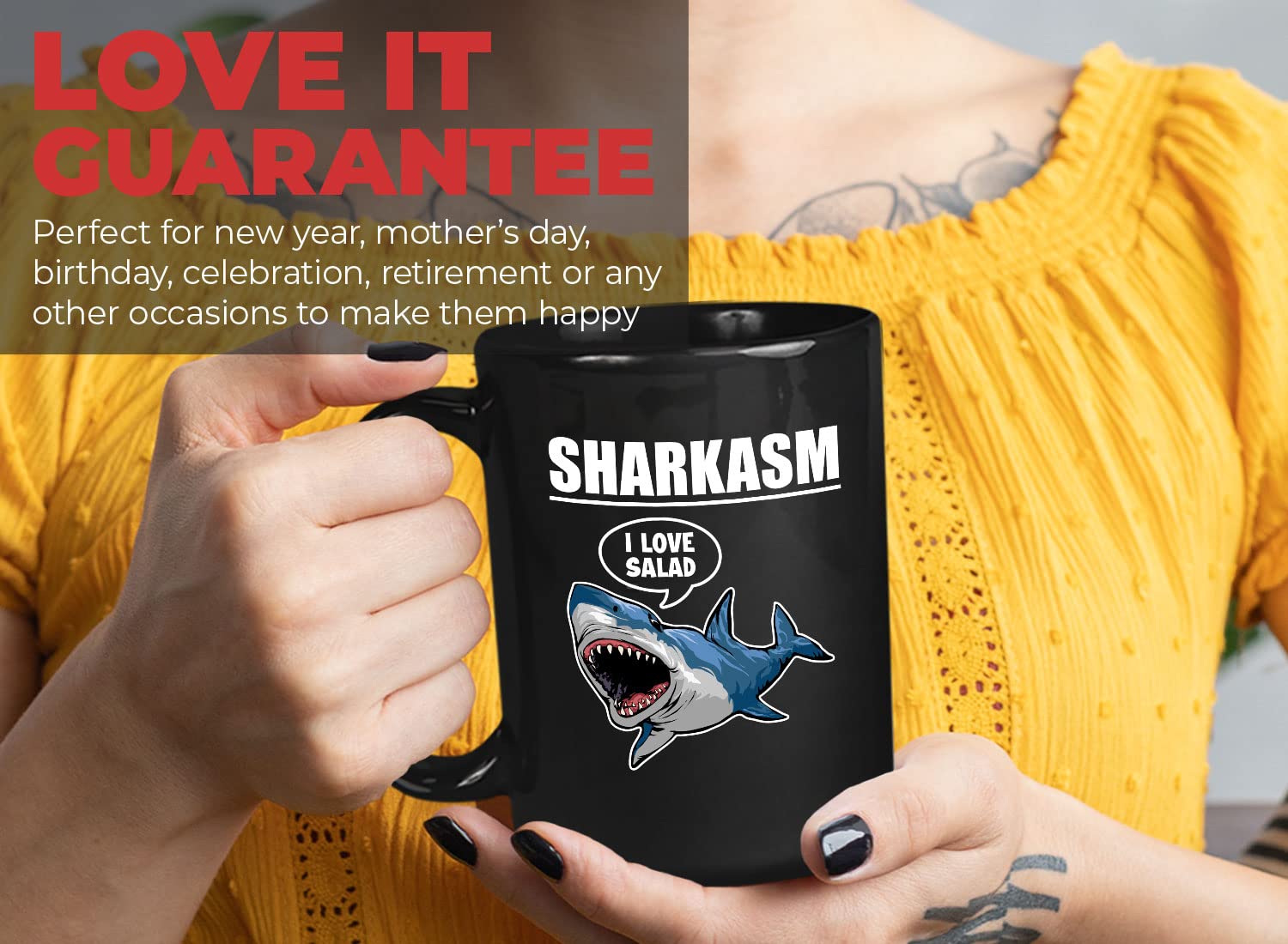 Bubble Hugs Sarcastic Coffee Mug 15oz Black - Sharkasm 'I Love Salad' Funny Shark Lovers Gift - Office Humor for Coworkers, Vegan Jokes - Perfect for Coffee Breaks & Desk Decor