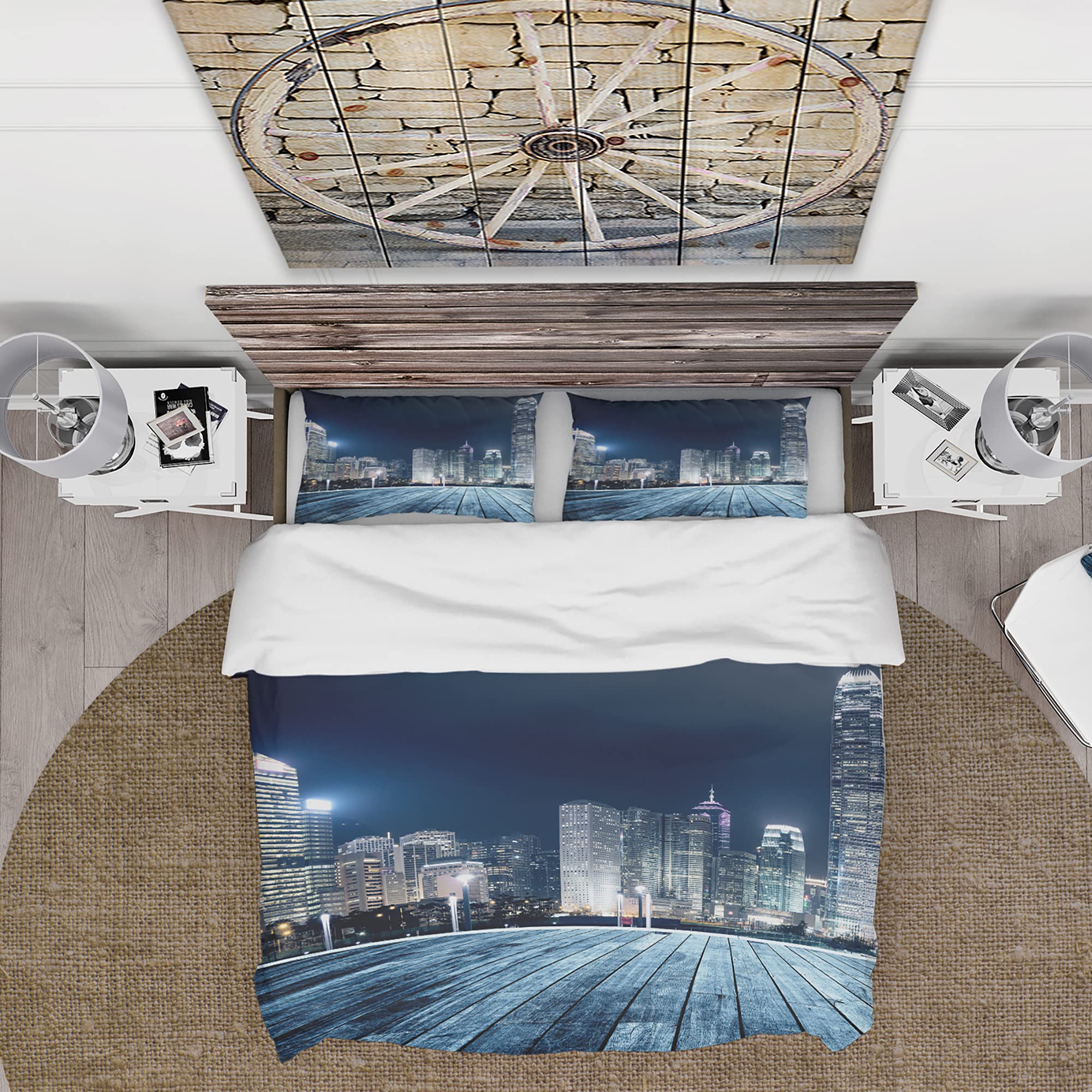 DesignQ Blue Hong Kong City Skyline Industrial Duvet Cover Set - Twin Size 3-Piece Architecture Bedding | All Season Comfort for Modern Bedrooms & Urban Loft Decor