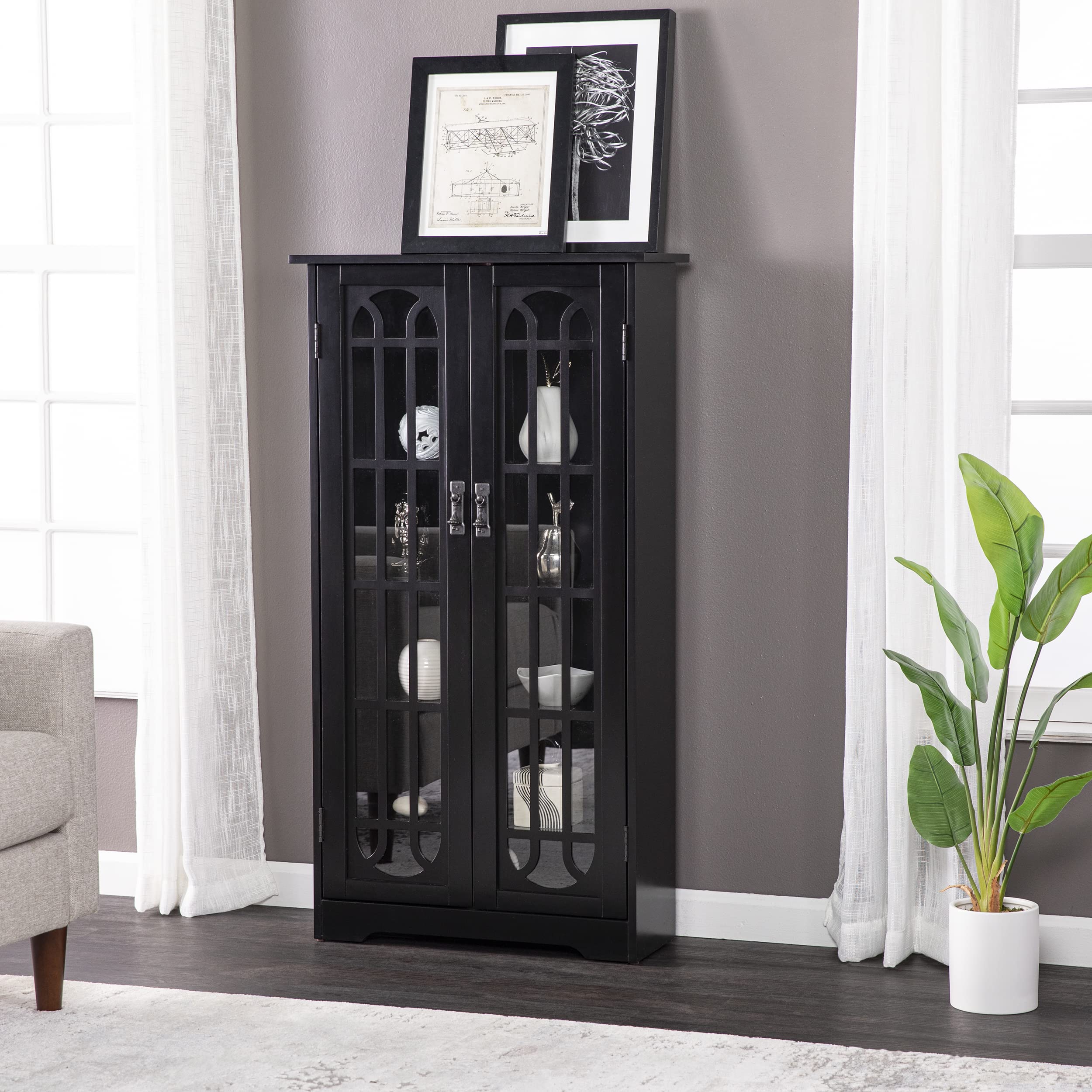 SEI Furniture Black Window Pane Media Cabinet - Modern TV Stand with Storage for Living Room, Bedroom & Home Theater