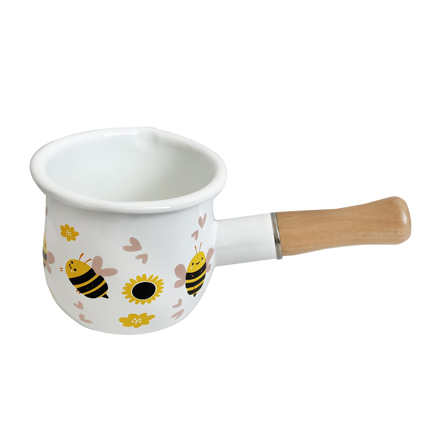 4 Inch 17 Oz Enamel Milk Pot - Non-Stick Mini Saucepan with Wooden Handle & Bee Pattern - Perfect for Warming Milk, Butter, Sauces & Small Portion Cooking - Ideal for Coffee Shops, Breakfast & Kitchen Use