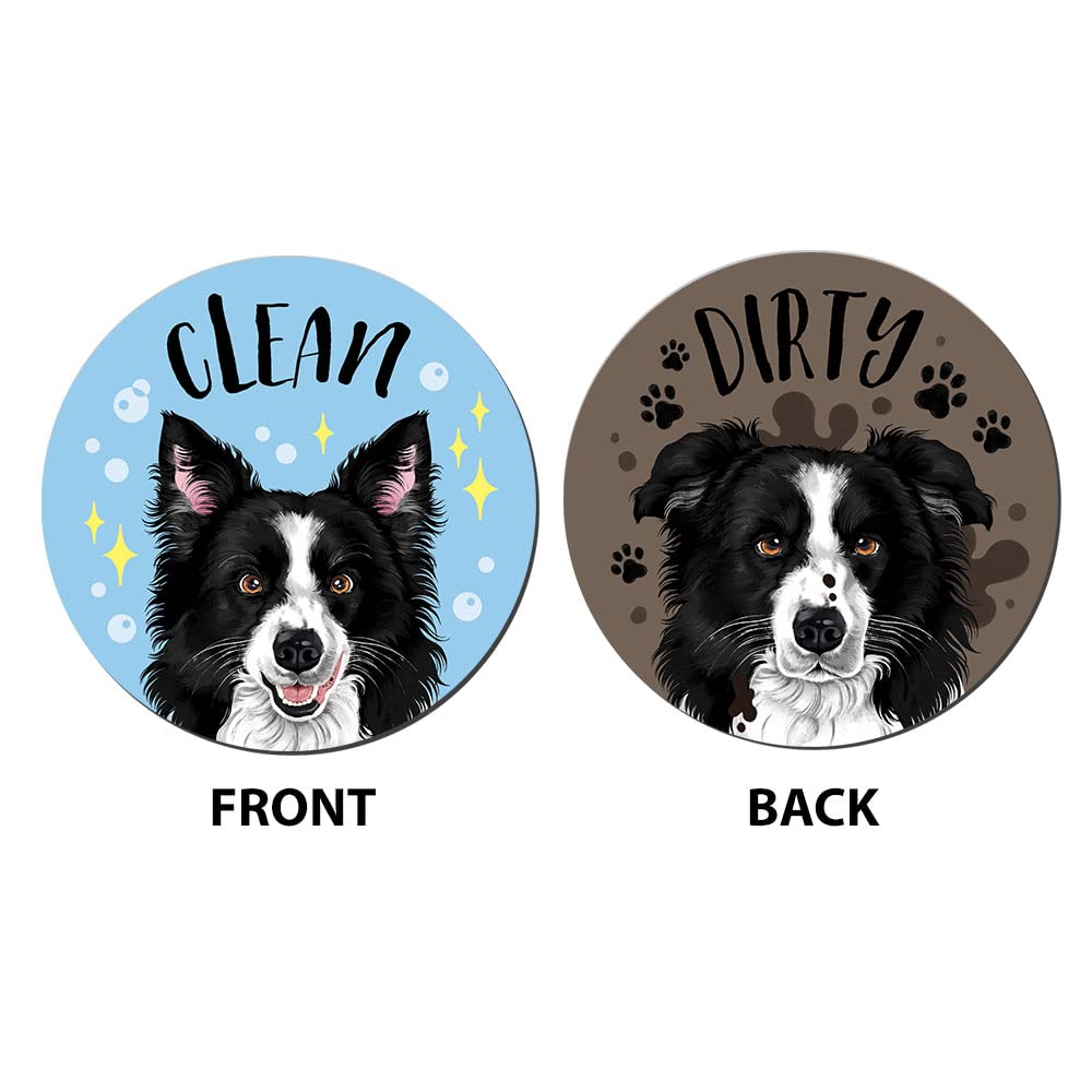WIRESTER 3.5 Inch Dishwasher Clean/Dirty Sign - Double Sided Magnetic Indicator for Kitchen Appliances - Black & White Border Collie Design - Perfect for Dishwashers, Washing Machines & Laundry Rooms