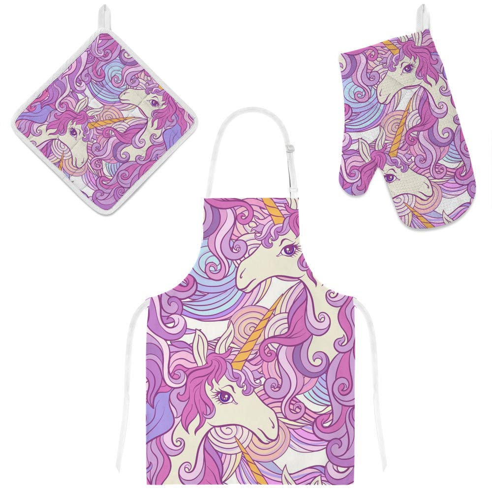 Kuizee 3-Piece Kitchen Apron Set - Pink Unicorn Design with Oven Mitts & Pot Holder - Perfect for Cooking, Baking, BBQ & Gift Giving