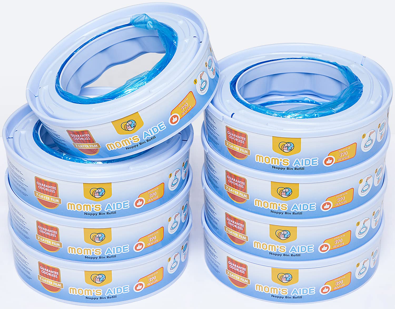 MOM'S AIDE - Diaper Pail Refills Only Compatible with Simplee Sangenic (8 Refills Pack) - Not Compatible with Maialino Foppapedretti, Angelcare, Sangenic Tec, Twist & Click - Perfect for Nursery, Baby Room & Diaper Changing Stations