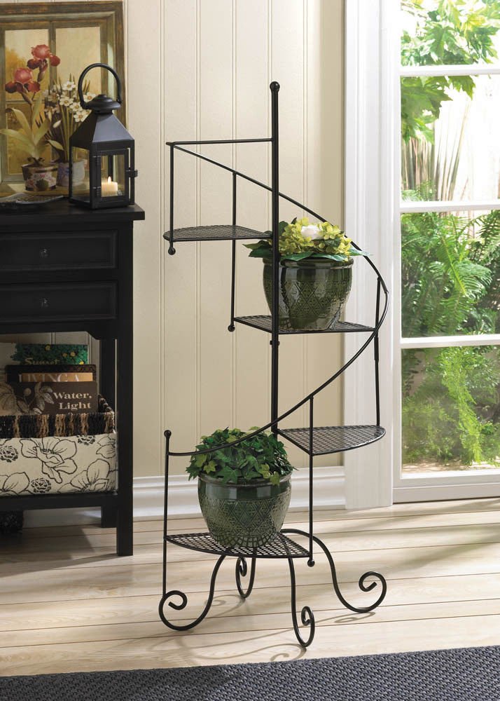 Spiral Staircase Plant Stand - Curved Mesh Platform with Banister Holds 4 Potted Plants - Perfect for Indoor Garden, Balcony Decor & Small Space Plant Display