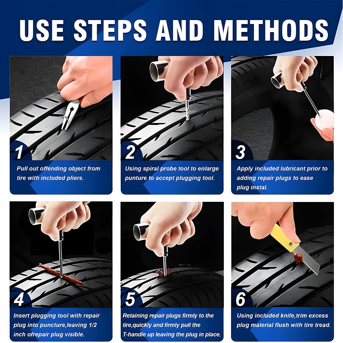 BESULEN 46-Piece Heavy Duty Tire Repair Kit - Universal Tire Plug & Patch Kit for Motorcycle, Truck, Tractor, Trailer, RV, SUV & ATV - Emergency Puncture Fix Tool for Flat Tires (Great for Roadside Emergencies & Off-Road Adventures)