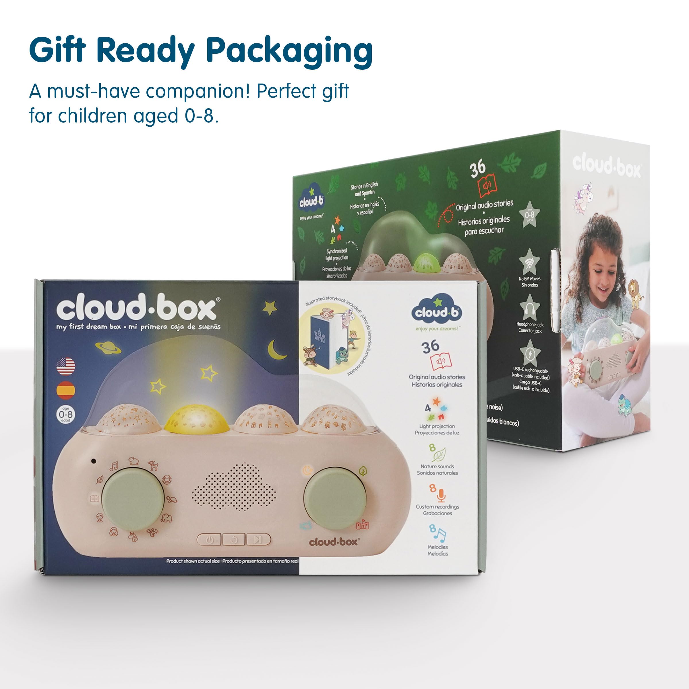 Cloud b CloudBox - My First Dreambox Night Light Projector for Kids | Bilingual English/Spanish Storyteller with 36 Stories, 8 Melodies & 8 Soothing White Noises | Rechargeable Baby Night Light with Adjustable Brightness & Auto-Off Timer | Perfect for Bedtime, Nursery, and Relaxation