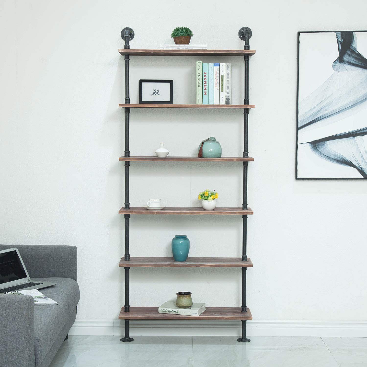 Industrial Pipe Shelving - 6-Tier Rustic Modern Wood Ladder Storage Shelf | Wall Mount Pipe Design DIY Bookshelf (24 Inch) for Living Room, Bedroom & Office Organization