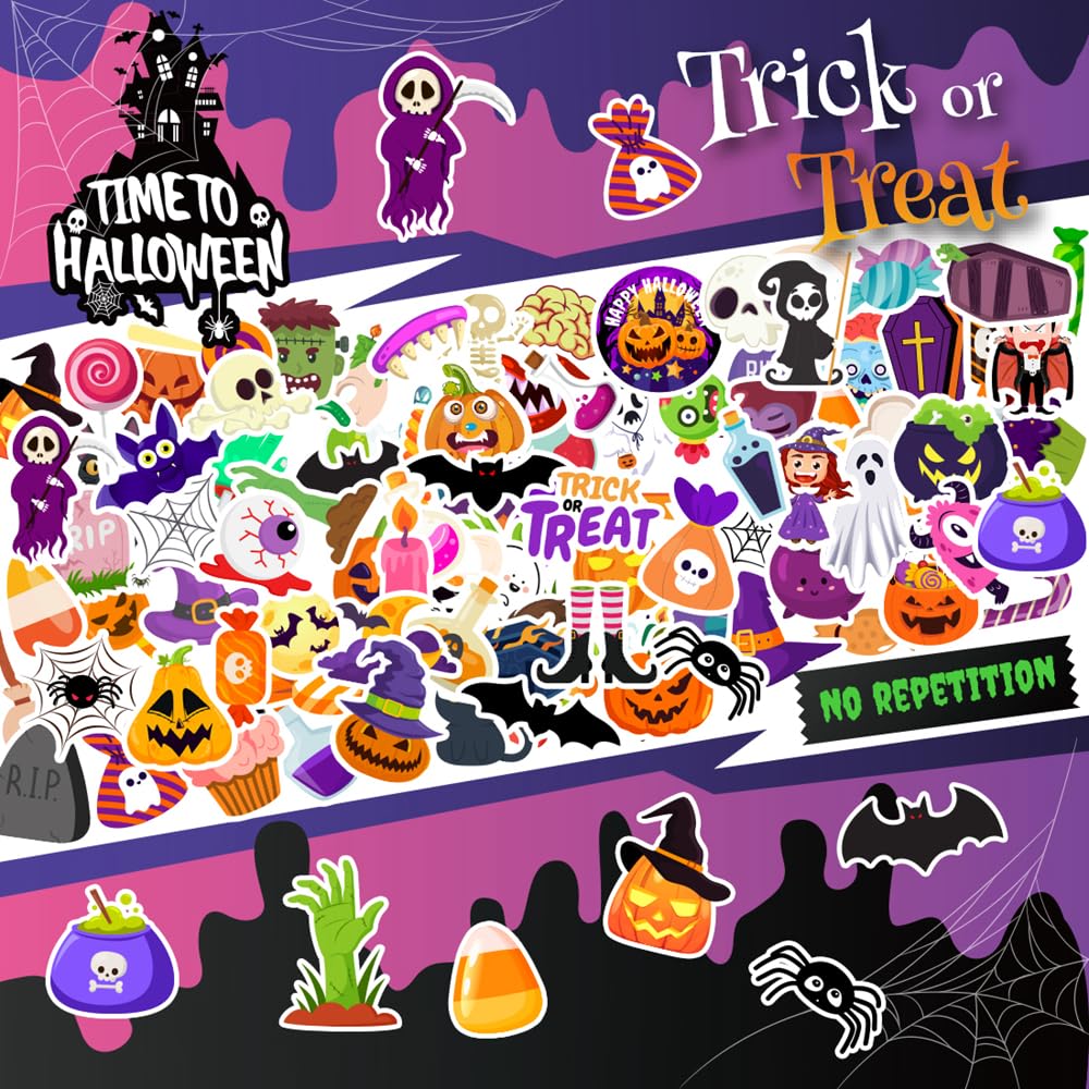 120 Pcs Halloween Stickers for Kids - Waterproof, Non-Repeating Party Favors, Classroom Crafts & Decorations - Perfect for Halloween Parties, Trick or Treat Bags, Pumpkin Decor & School Activities