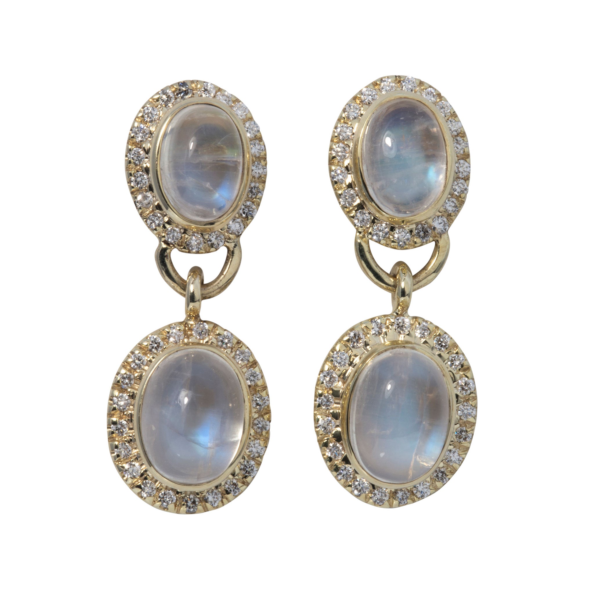 14K Yellow Gold Moonstone & Diamond Double Drop Earrings for Women - Elegant Dangling Jewelry for Parties, Weddings & Special Occasions