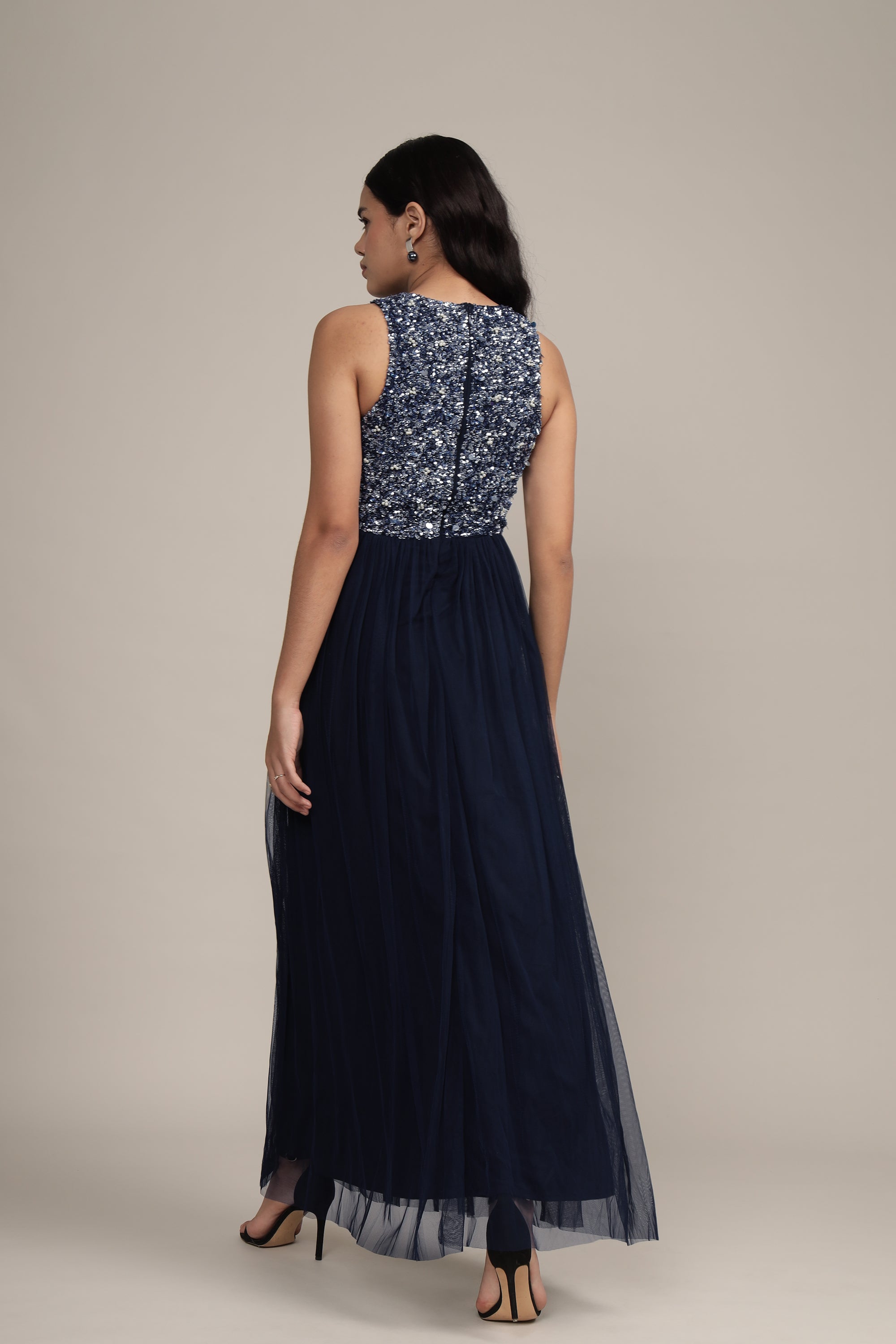 Picasso Embellished Maxi Dress - Navy Blue Pearl Bead Evening Gown for Women | Elegant Formal Wear for Weddings, Galas & Special Occasions