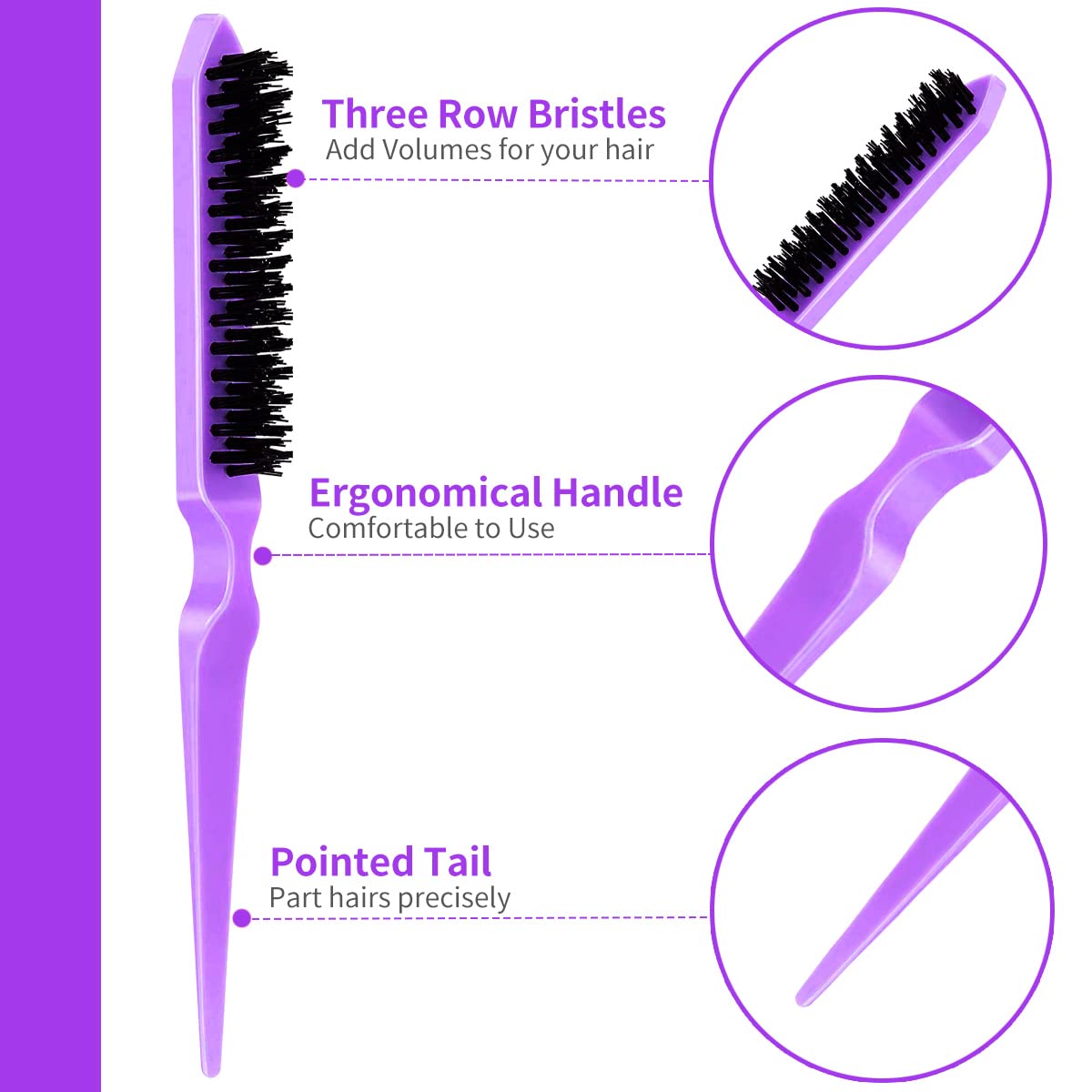 6-Piece Professional Hair Teasing Brush Set - Dual Edge Brush, Comb Bristle Brush, Hairline Brush & Rat Tail Comb with Stainless Steel Tail - Soft Glossy Hair Styling Tools for Women & Kids - Perfect for Salon, Home & Travel Use (Pink & Purple)