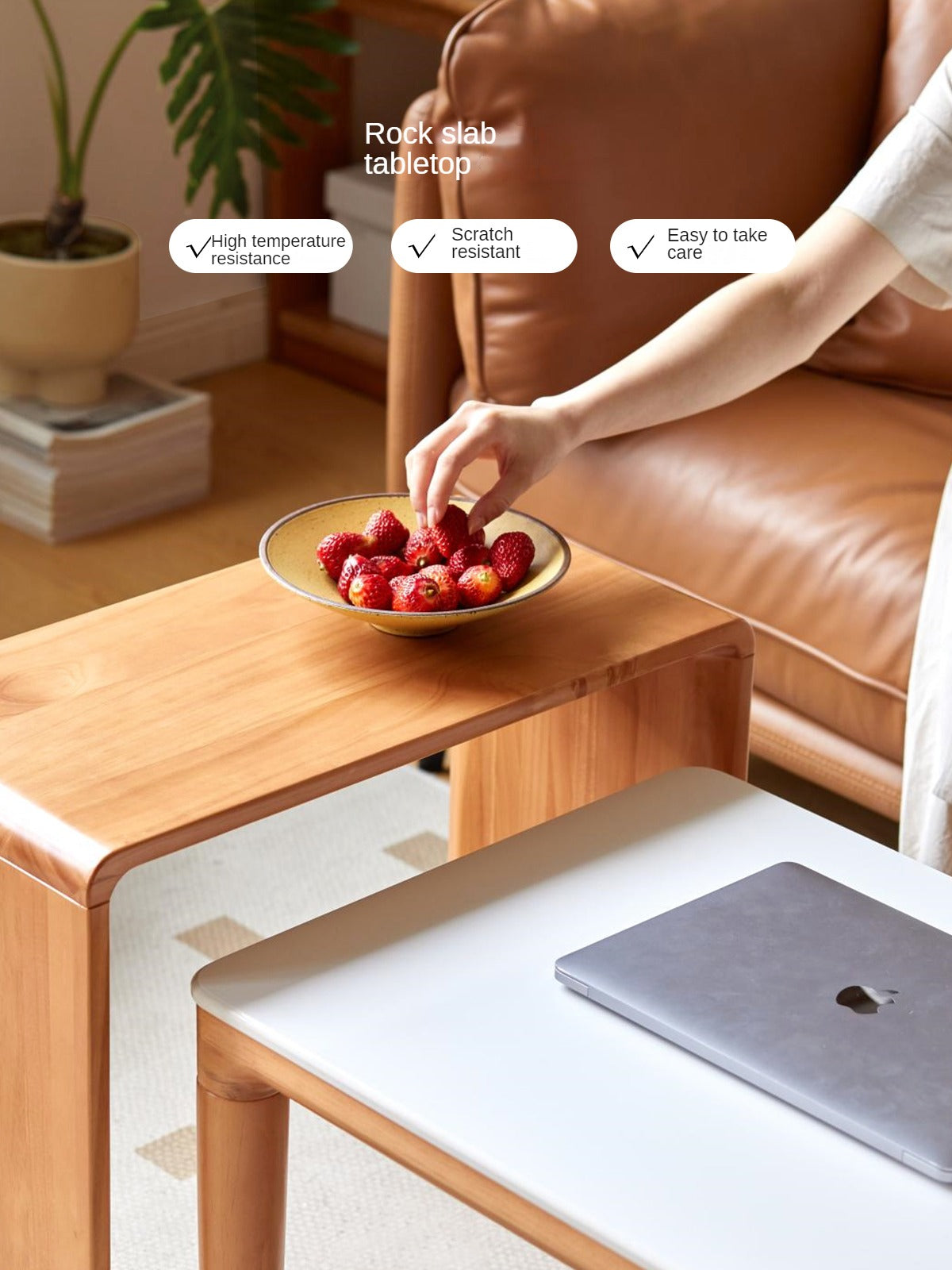 Modern Pine Solid Wood Coffee Table with Rock Plate Design - Stylish and Durable Living Room Furniture for Home Decor