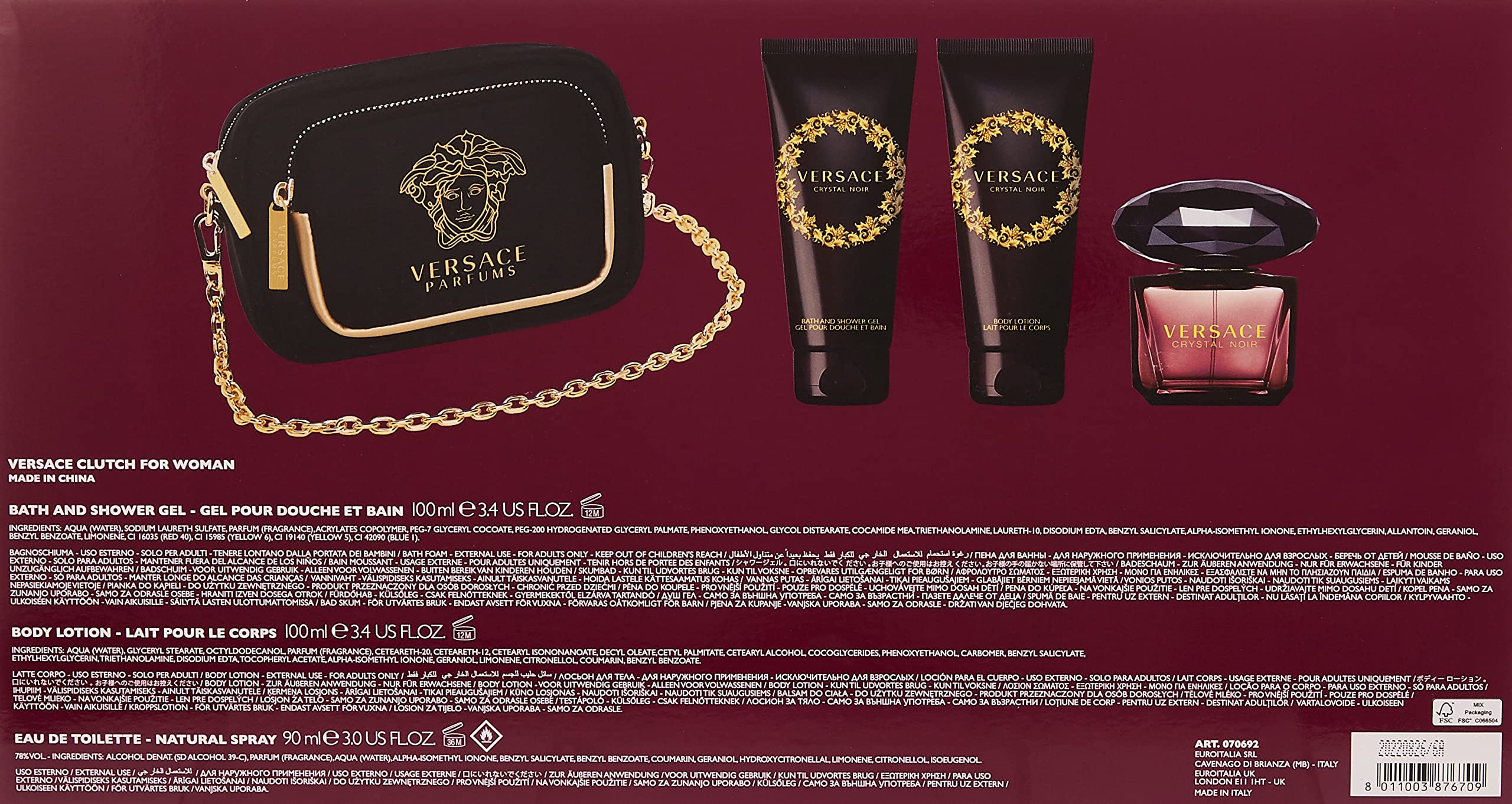 Versace Crystal Noir 4-Piece Gift Set for Women - Eau de Parfum, Body Lotion & Purse | Luxury Fragrance Gift Set for Her | Perfect for Birthday, Anniversary & Special Occasions
