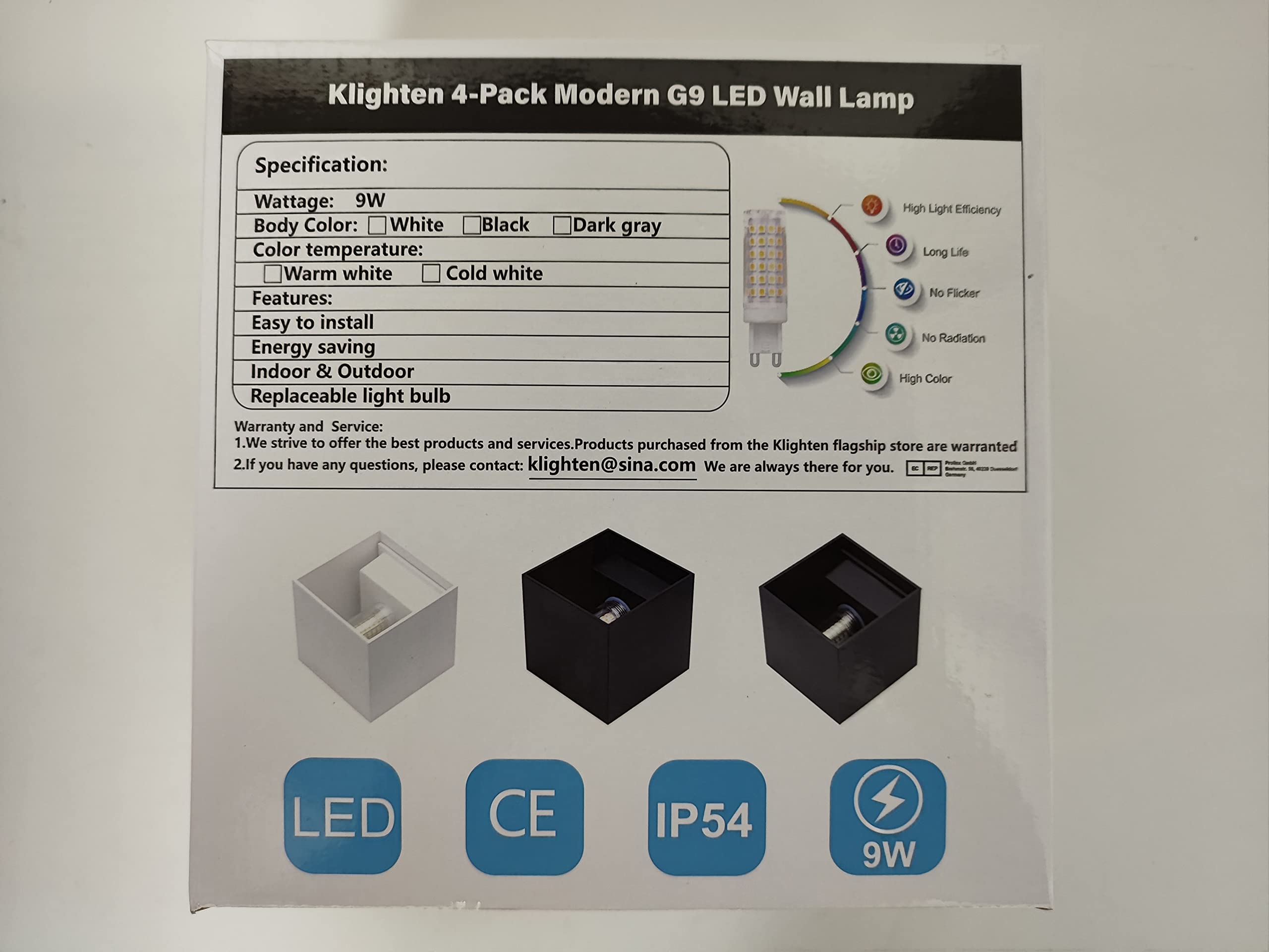 Klighten 4-Pack Modern LED Wall Lights - 9W Warm White 3000K Indoor/Outdoor Lighting Fixtures with G9 Bulbs Included - Perfect for Bedroom, Living Room, Hallway & Home Decor | Energy-Efficient & Weather-Resistant