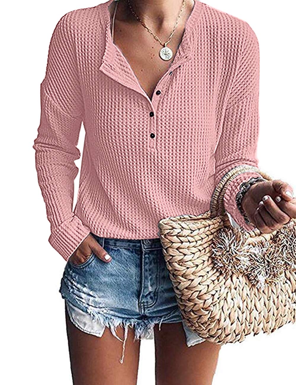WNEEDU Women's Waffle Knit Tunic Top - Loose Fit Long Sleeve Button Up V-Neck Henley Shirt for Casual Wear, Work & Fall Outfits