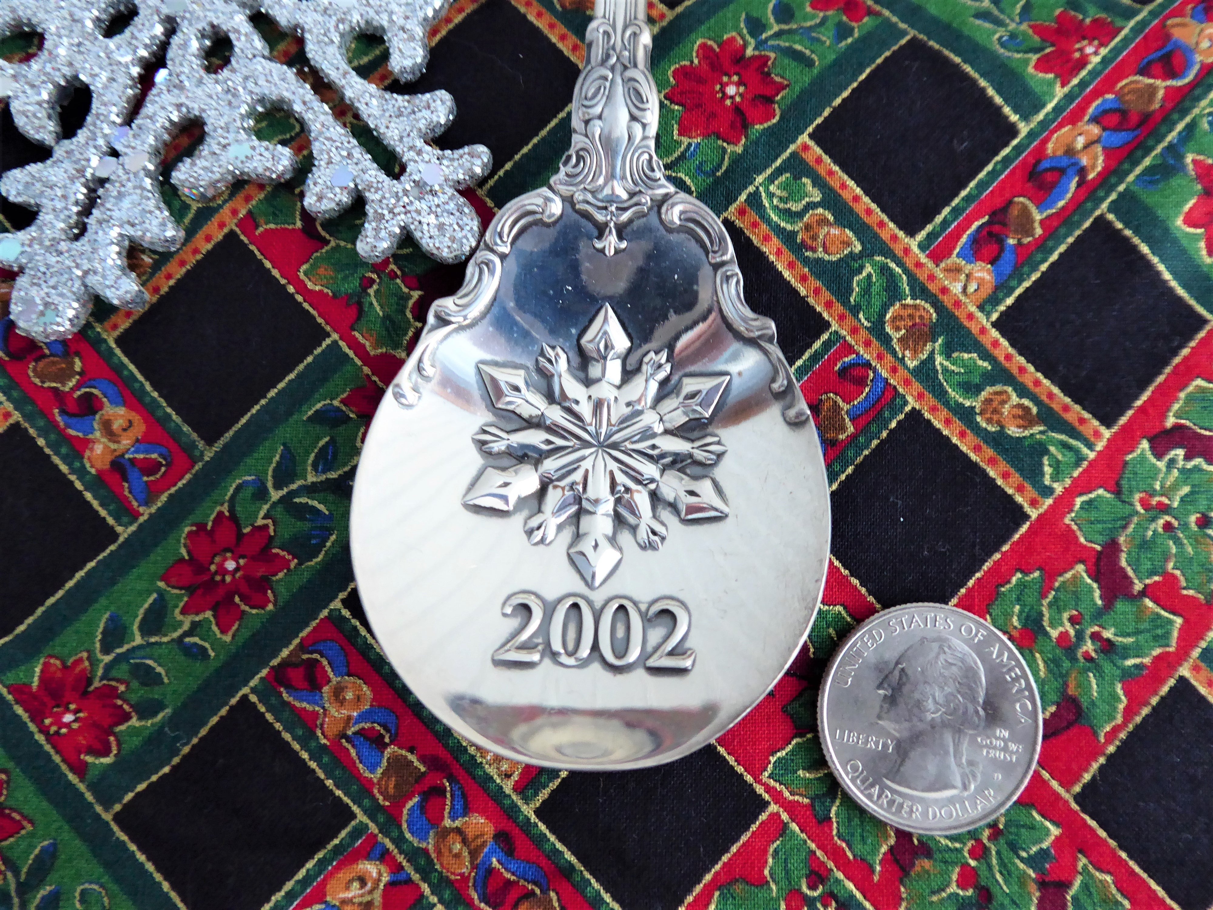 Gorham Chantilly Sterling Silver Serving Spoon with 2002 Christmas Snowflake Design - Perfect for Holiday Tea Parties & Festive Gatherings