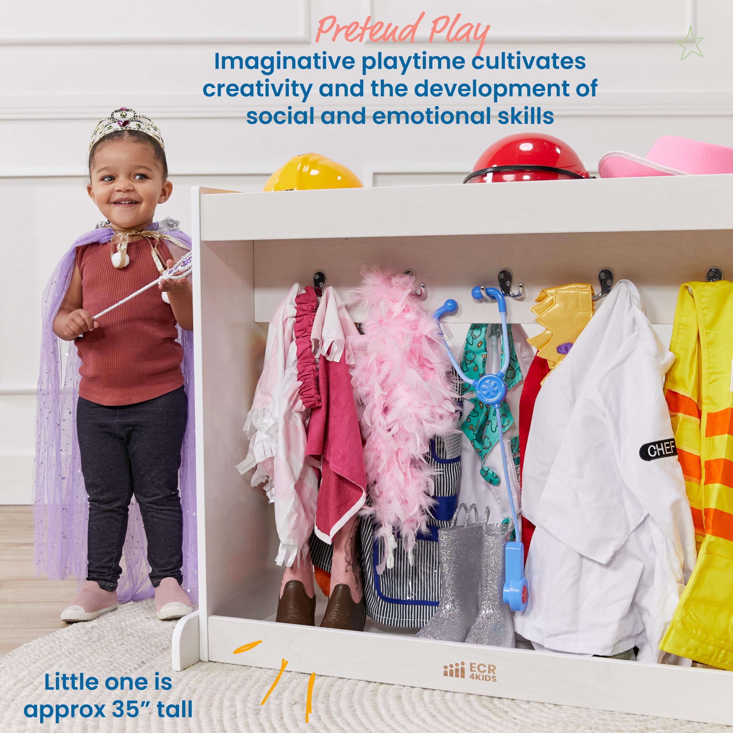 ECR4Kids Streamline Toddler Dress-Up Island Costume Organizer - White Wash | Kids Playroom Storage & Pretend Play Costume Closet for Preschoolers & Daycare Centers