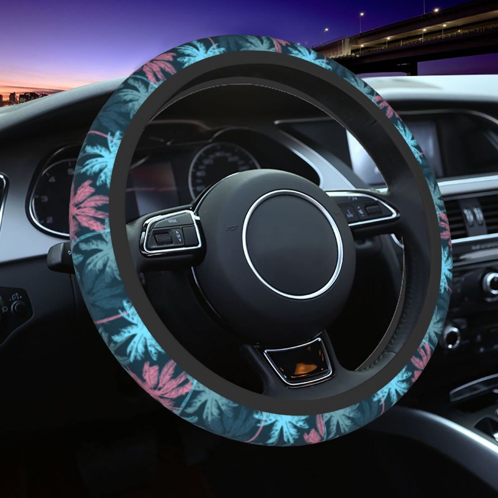 Hawaiian Palm Tree Steering Wheel Cover - Universal 15 Inch Neoprene Car Wheel Protector with Tropical Print - Cute Car Accessories for Summer & Beach Trips - Perfect for Hawaiian-Themed Cars, Beach Lovers & Tropical Decor