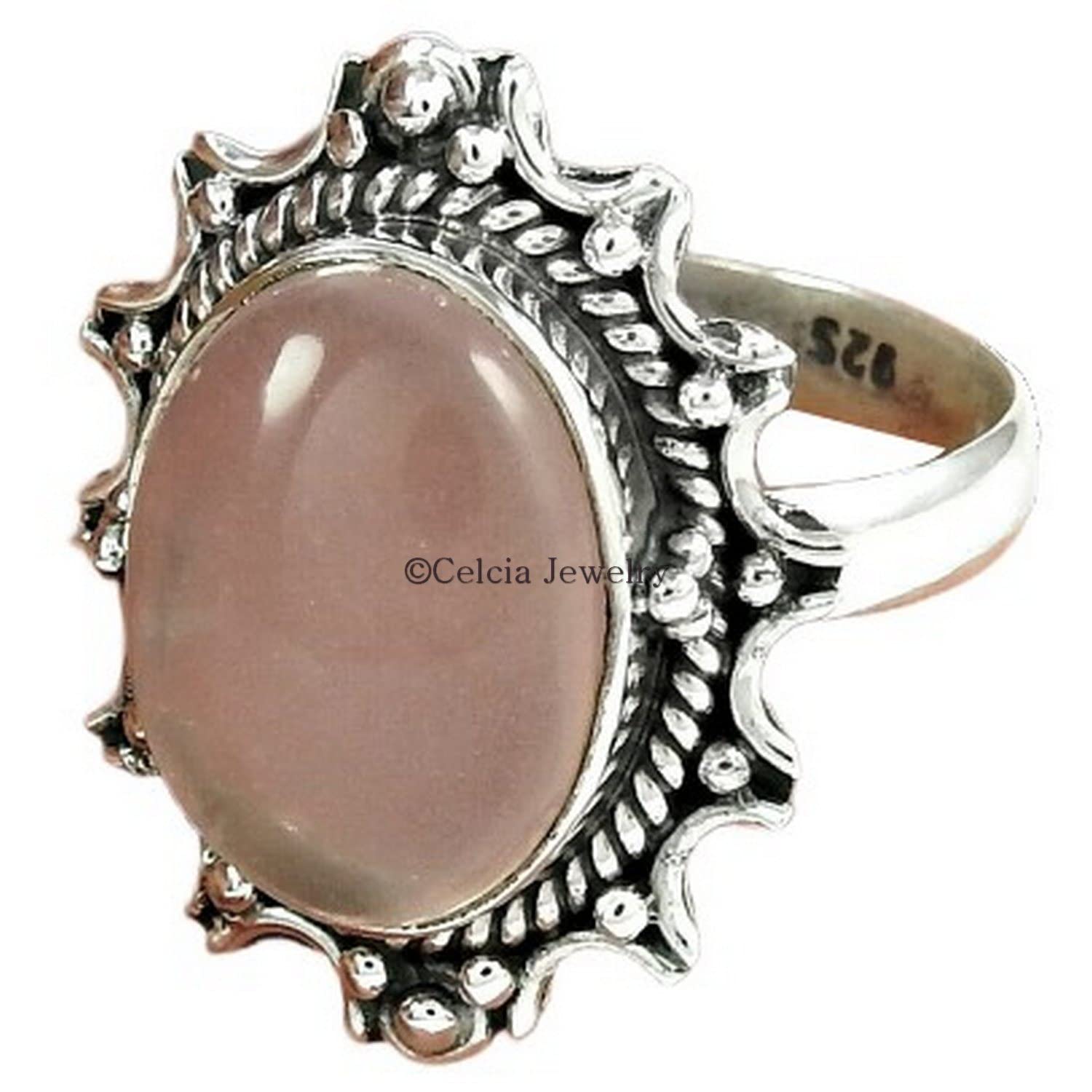 Rose Quartz Gemstone Wedding Ring for Women - Elegant Bohemian Statement Jewelry, Vintage Style Metaphysical Gift for Mother's Day, Holiday & Special Occasions (Size 7) | Perfect for Bridal, Boho Fashion & Spiritual Healing