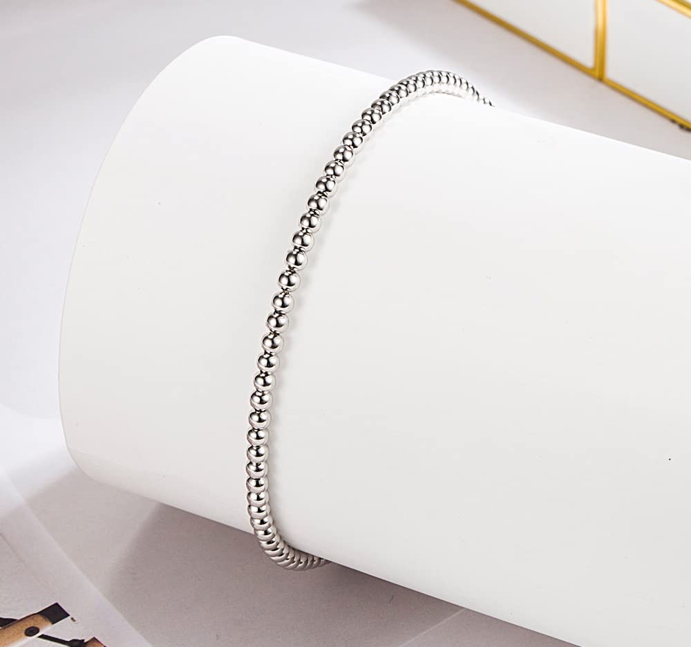 925 Sterling Silver 3MM Ball Bead Chain Anklet Bracelet for Women - Adjustable Dainty Ankle Jewelry - Perfect for Beach, Summer Outfits & Everyday Wear