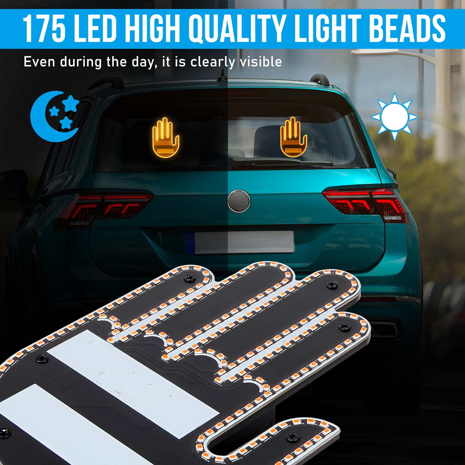 Hand Gesture LED Light for Cars - Remote Control Finger Light with 3 Modes, Funny Road Rage Sign, Cool Car Accessories & Perfect Gift for Drivers - Great for Traffic Jams, Night Driving & Expressing Emotions