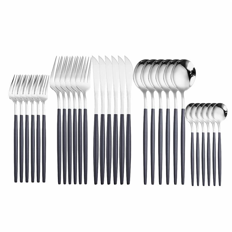 Premium 30-Piece Stainless Steel Flatware Set - Knife, Fork, Spoon & Dessert Fork Cutlery for Dining, Kitchen & Party (Black Silver) - Ideal for Home Dinnerware, Restaurant Use & Wedding Table Settings
