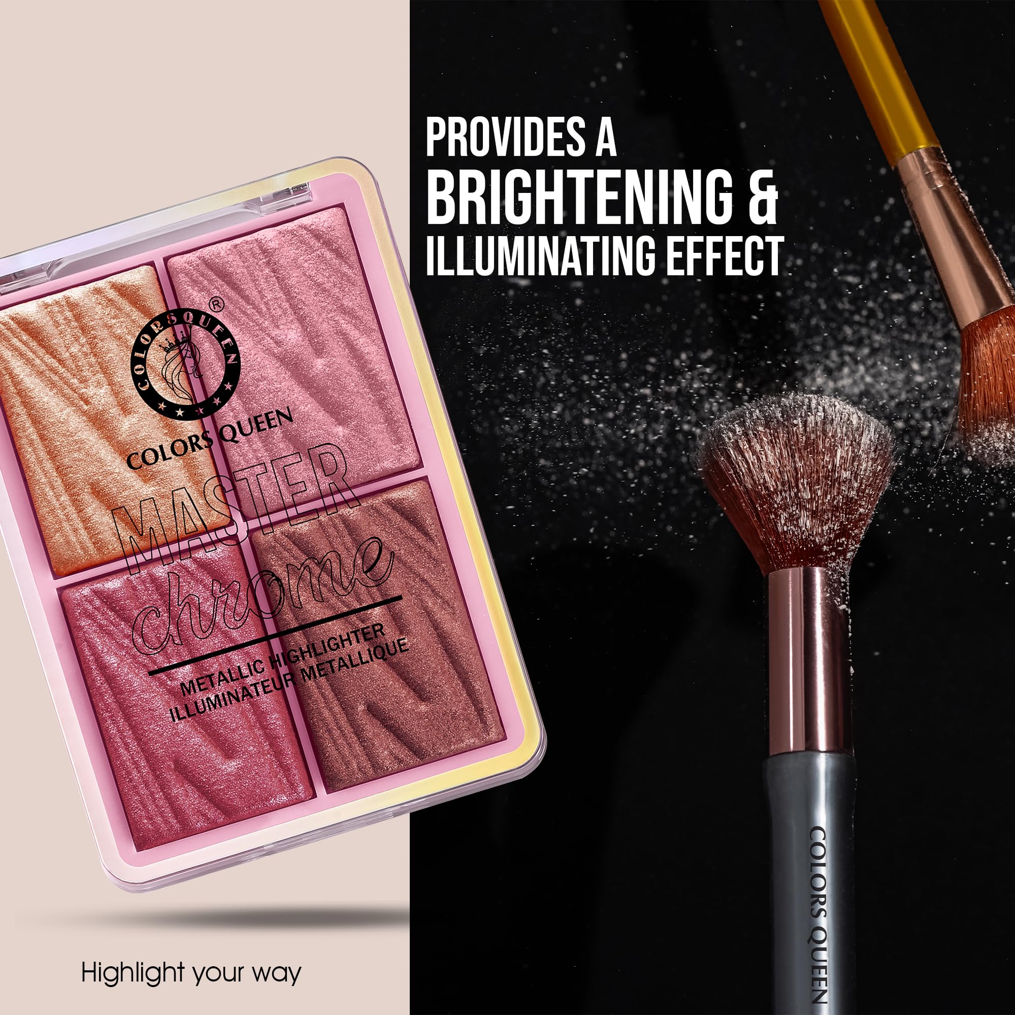 Colors Queen Master Chrome Metallic Blusher & Highlighter Palette - Highly Pigmented, Weightless Luminous Finish for Long-Lasting Face Makeup | Perfect for Contouring, Highlighting & Everyday Glam (Shade 3)