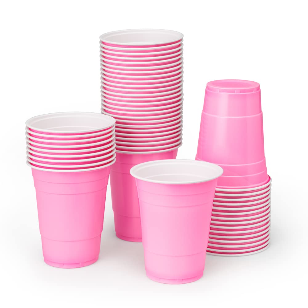 Fetti Pink Plastic Party Cups - 50 Pack Matte Disposable 16oz Cups for Bachelorette, Birthday, Baby Shower | Durable Party Decorations & Favors | Perfect for Outdoor Events, Bridal Showers, Graduation Celebrations