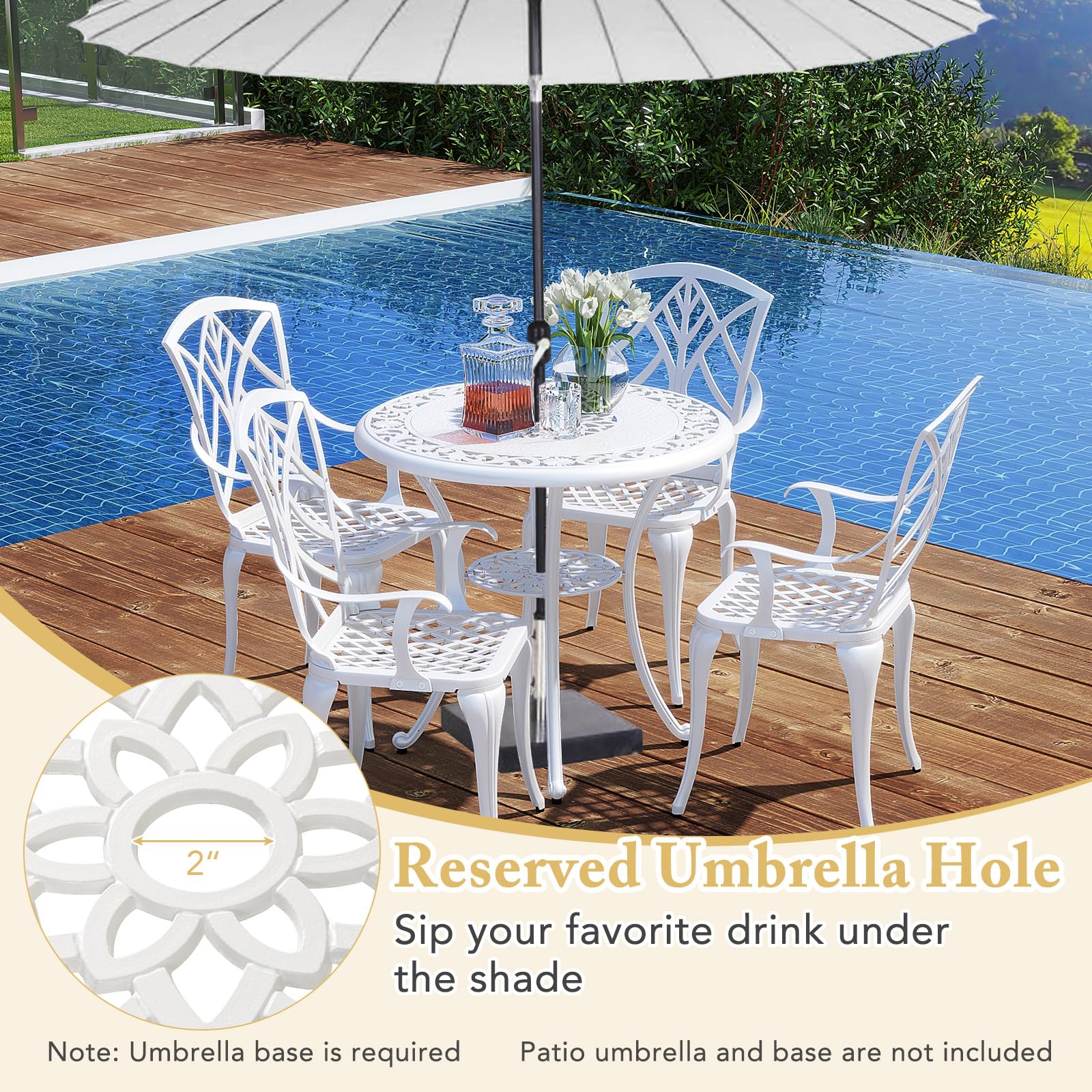 Tangkula 5-Piece Cast Aluminum Outdoor Dining Set - Round Table with 2” Umbrella Hole & 4 Armchairs, All-Weather Patio Furniture for Garden, Backyard, Balcony (White) - Perfect for Outdoor Entertaining & Relaxation