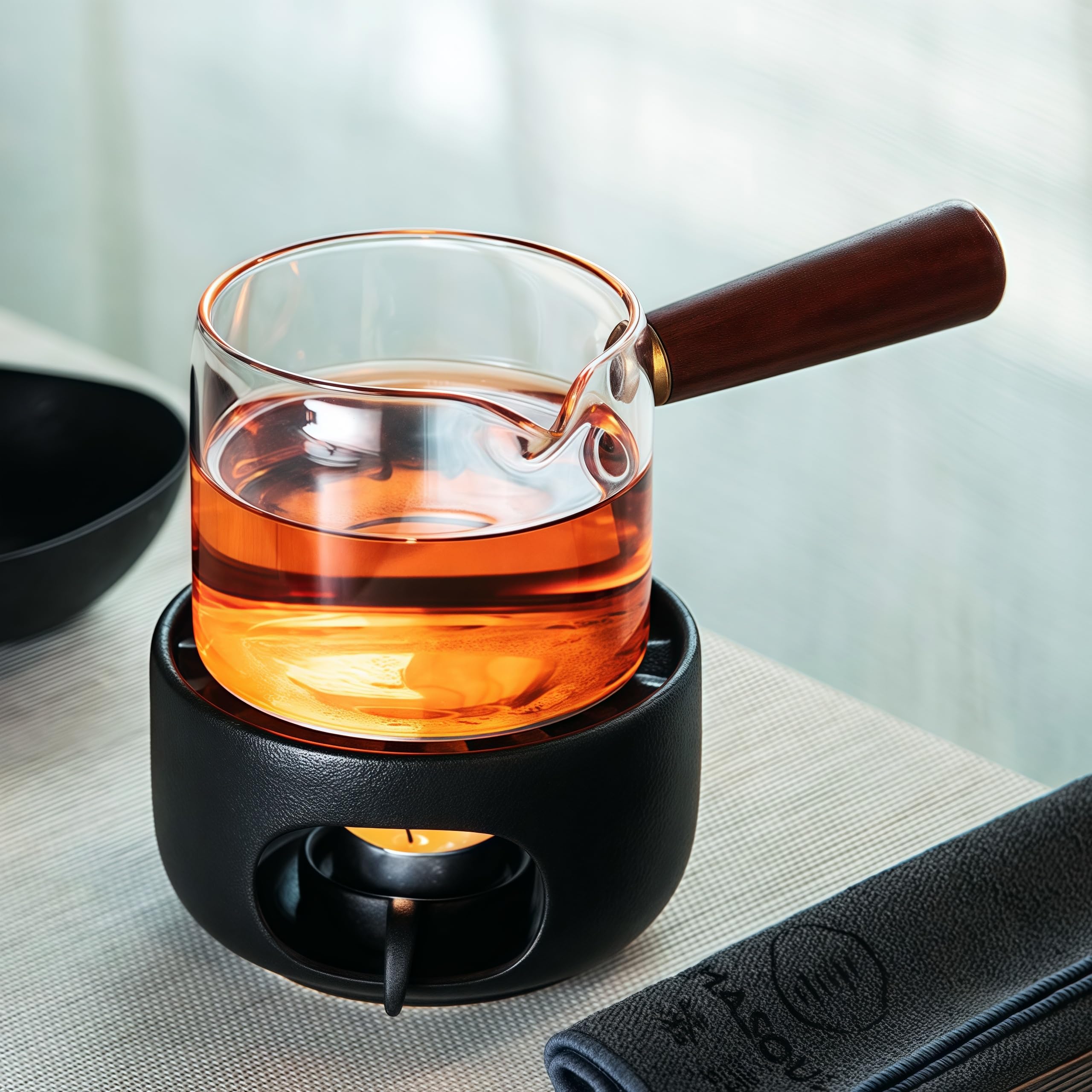 Premium Ceramic Teapot Warmer with Spoon - Candle-Powered Coffee & Tea Warmer Base for Glass & Ceramic Teapots - Ideal for Home, Office & Tea Parties (Black)