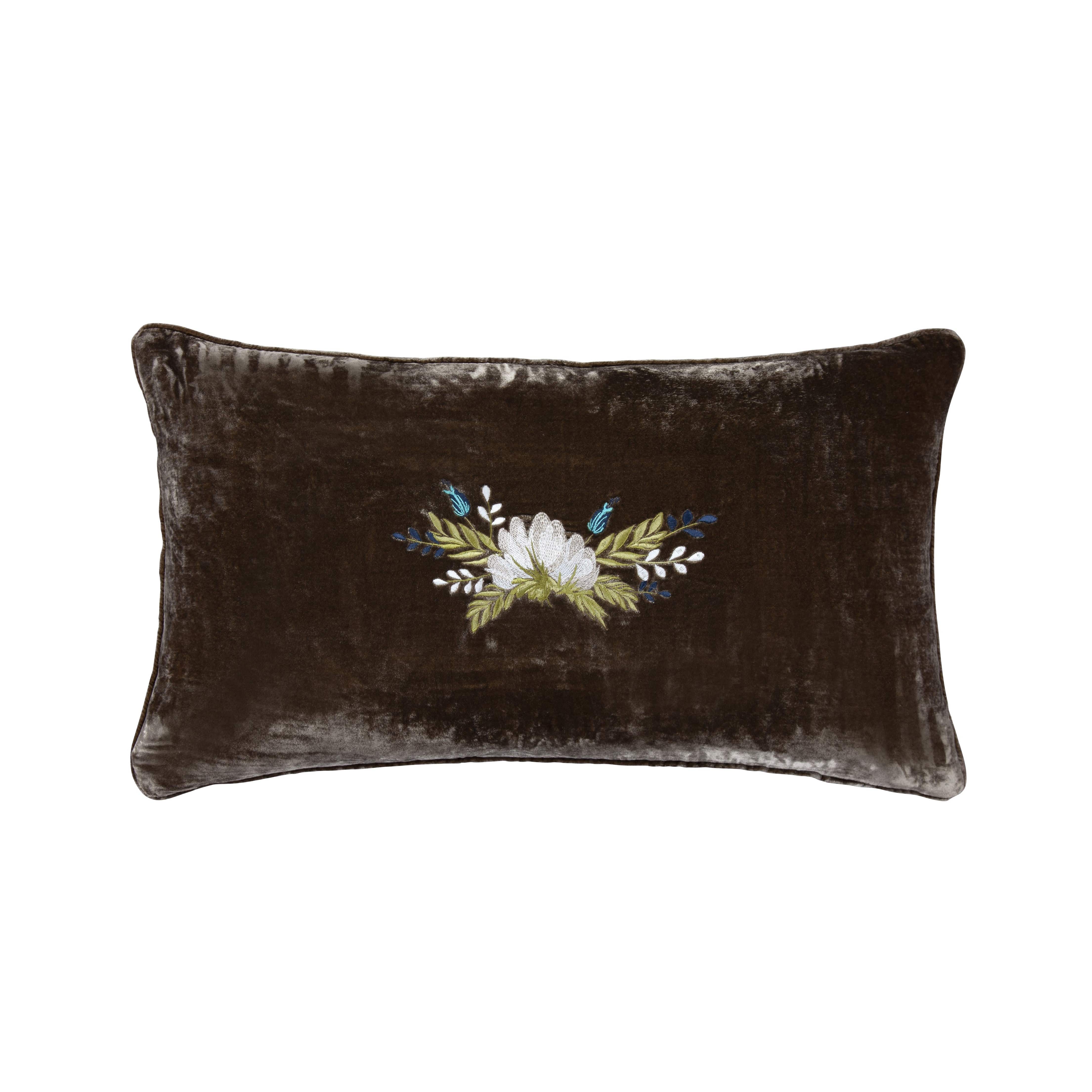 Stella Western Floral Embroidered Silk Velvet Lumbar Pillow - Bohemian Home Decor for Sofa, Bed & Living Room Accent
