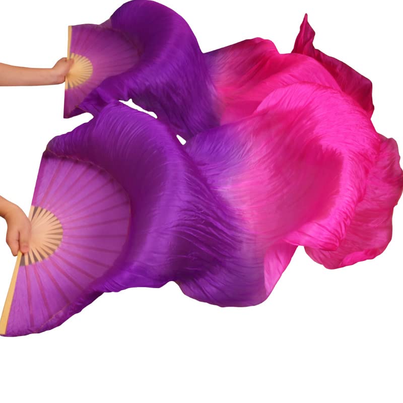 Hand-Dyed Silk Belly Dance Fan Veil - Long Bamboo Fan for Women (Black, Red Orange, Yellow) | Perfect for Belly Dancing Performances, Costume Accessories & Stage Shows
