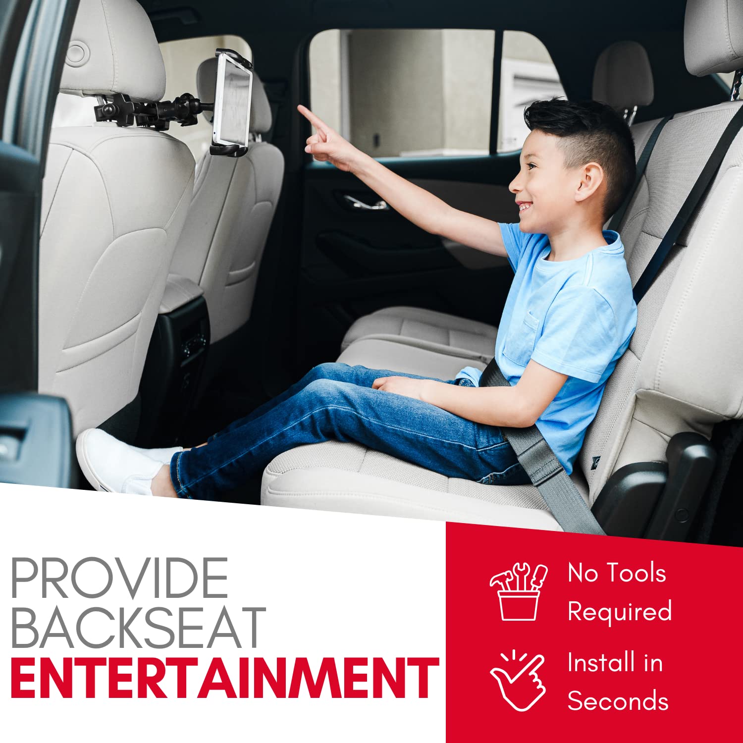 Macally Adjustable Car Headrest Tablet Holder - Universal iPad Mount for Backseat (4.7-12.9 inch) - Secure iPad Pro/Air/Mini & Nintendo Switch Stand - Perfect for Road Trips, Kids Entertainment & Long Car Rides