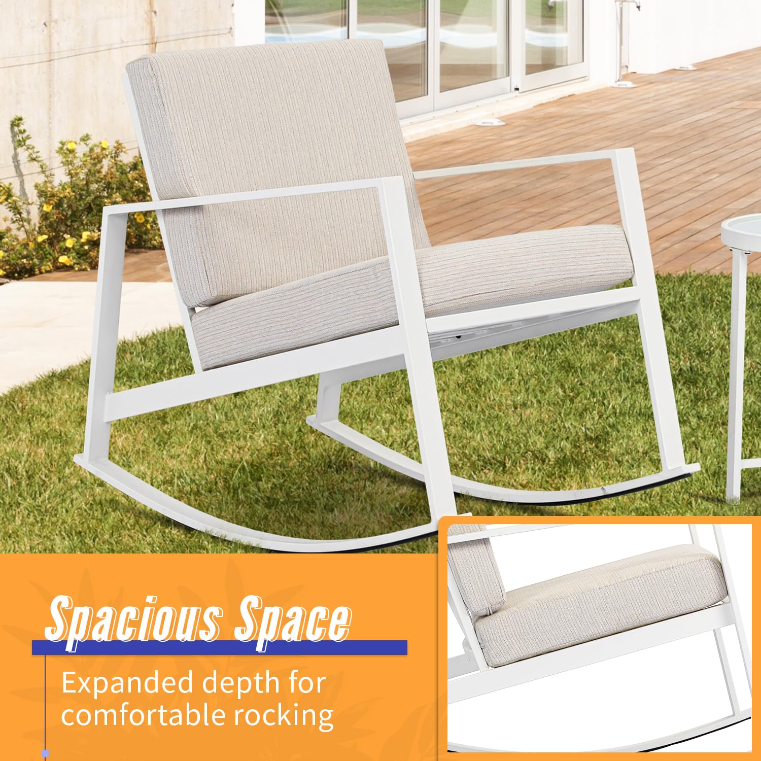 AQUILLA 3-Piece Outdoor Patio Rocking Chair Set with Metal Frame & Tempered Glass Table - Beige Gray Cushioned Bistro Furniture for Balcony, Garden, Lounge - Durable Weather-Resistant Outdoor Seating for Relaxing & Entertaining