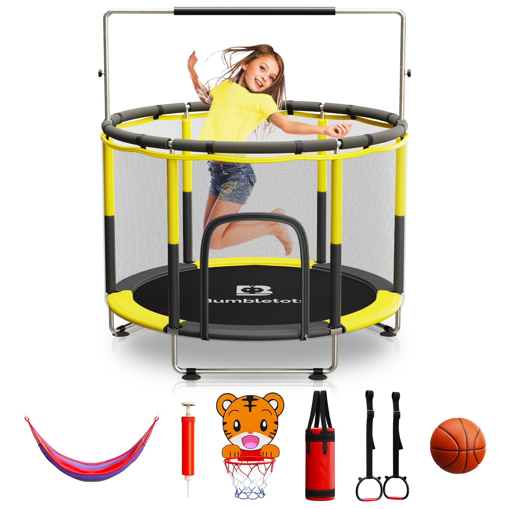 Best 5ft Toddler Trampoline for Kids Ages 3-8 - Indoor/Outdoor Jumping Toy with Safety Net, Basketball Hoop & Accessories - Perfect for Backyard, Playroom & Garden Fun