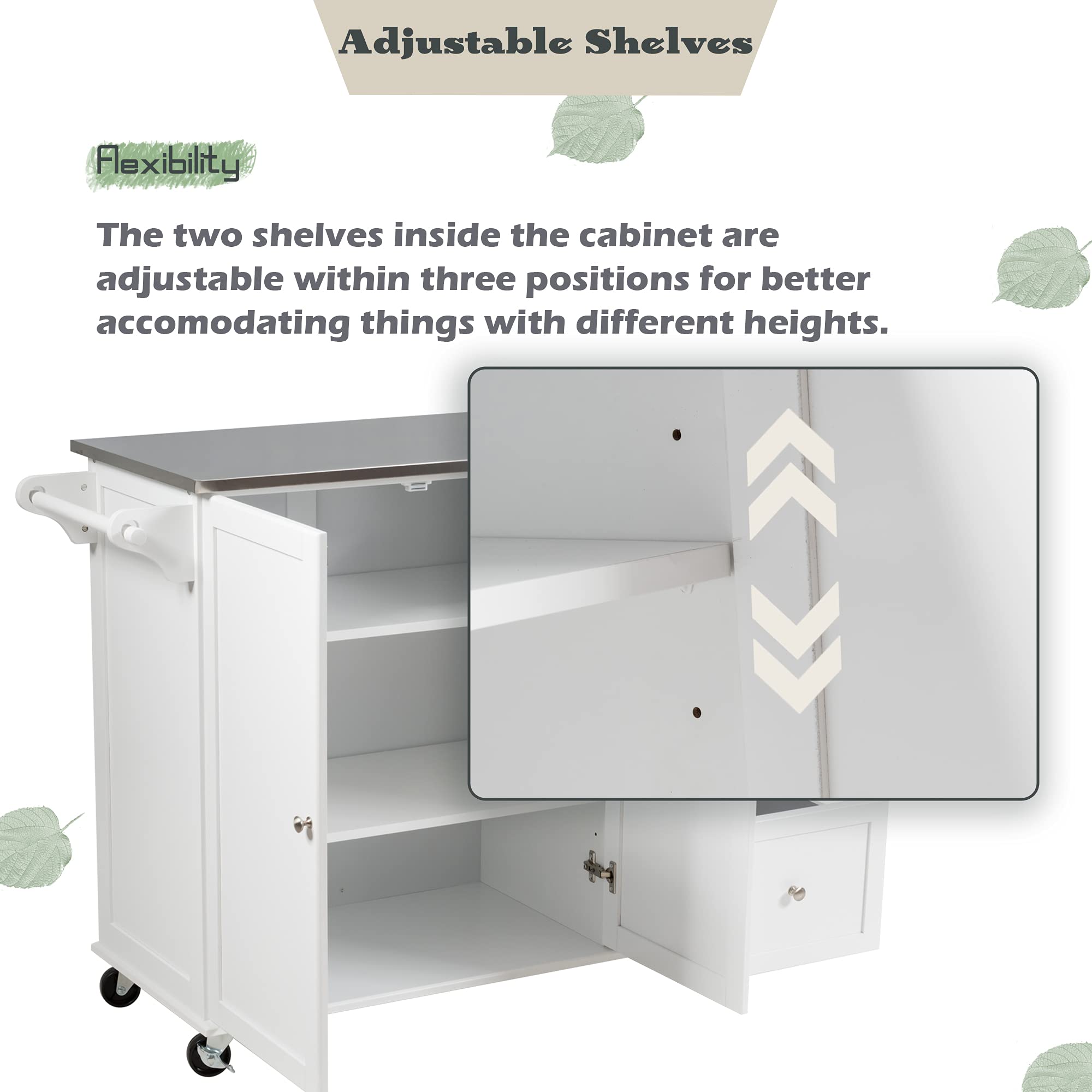 GLACER 53-Inch White Kitchen Island Cart with Wheels - Stainless Steel Countertop, Mobile Kitchen Cart for Small Spaces, Dining Room & Restaurant Use - Perfect for Extra Storage & Prep Space (53