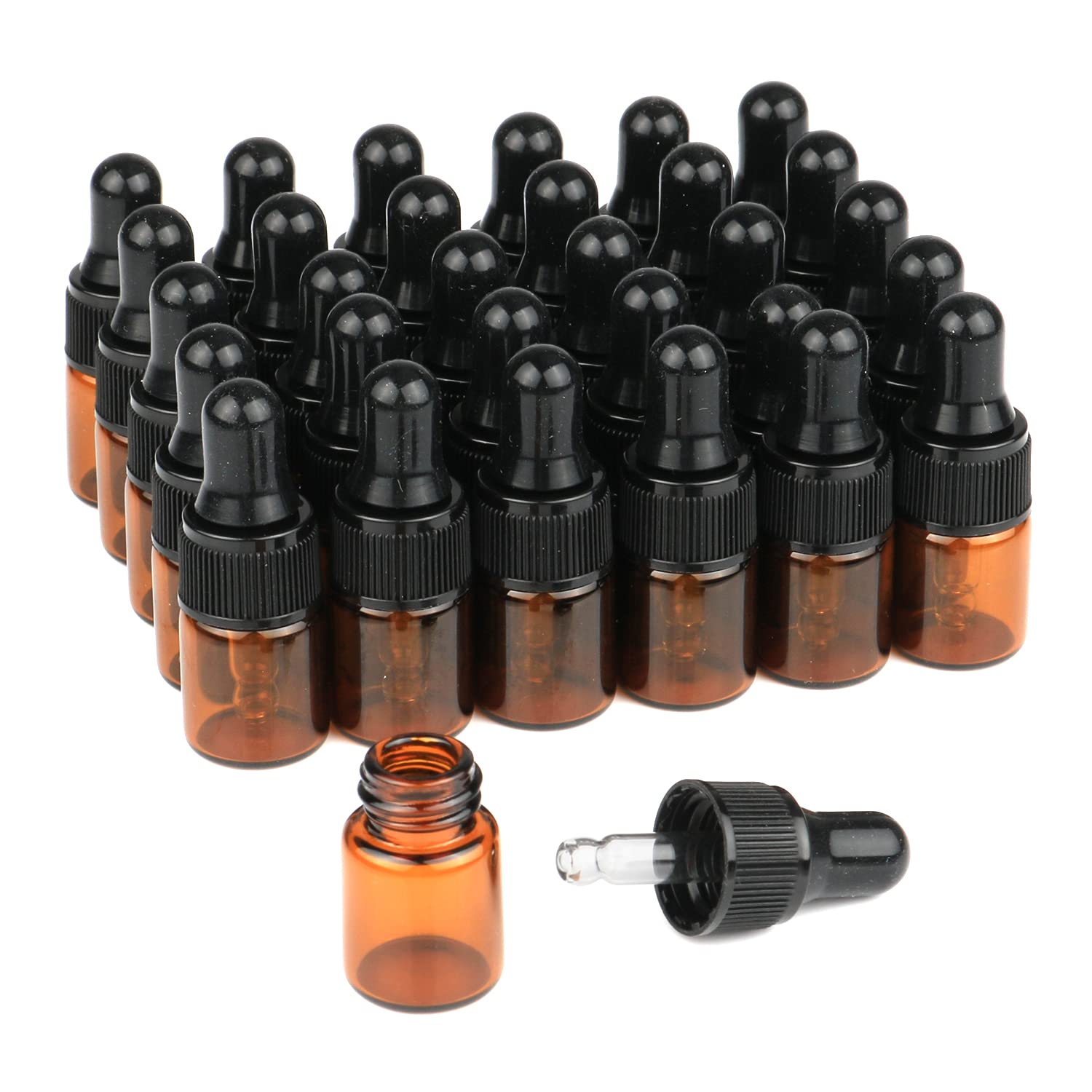Amber Glass Dropper Bottles 30 Pack - 1ml 2ml 3ml Essential Oil Bottles, Refillable Perfume & Cosmetic Containers with Pipette - Perfect for DIY Fragrances, Aromatherapy & Travel Size Liquids (2ml)
